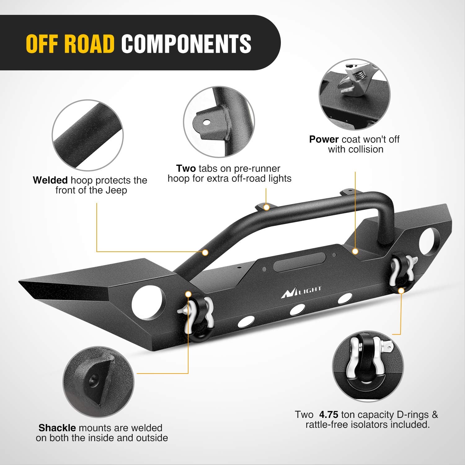 Nilight Rear Bumper With Spare Tire Carrier Compatible For 2007-2018 Wrangler Jk & Unlimited (2/4 Doors) Hitch Receiver W 2 Led