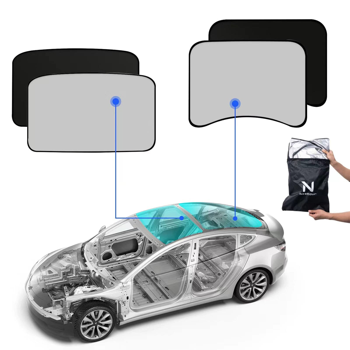 Nestour Sunshade New 2021 2022 2023 Version Prefectly Fit Tesla Model 3, Foldable Mesh Top Roof Sunshade And Half Covered Rear W