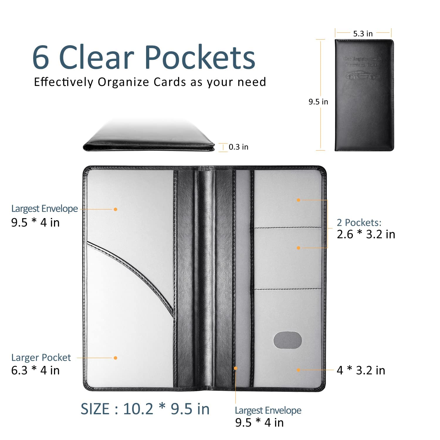 HOURUNTALL Leather Car Accessories Holder, Black Magnetic Wallet for Registration & Insurance, M Size, Glove Box Organizer for Auto, Truck, Motorcycle