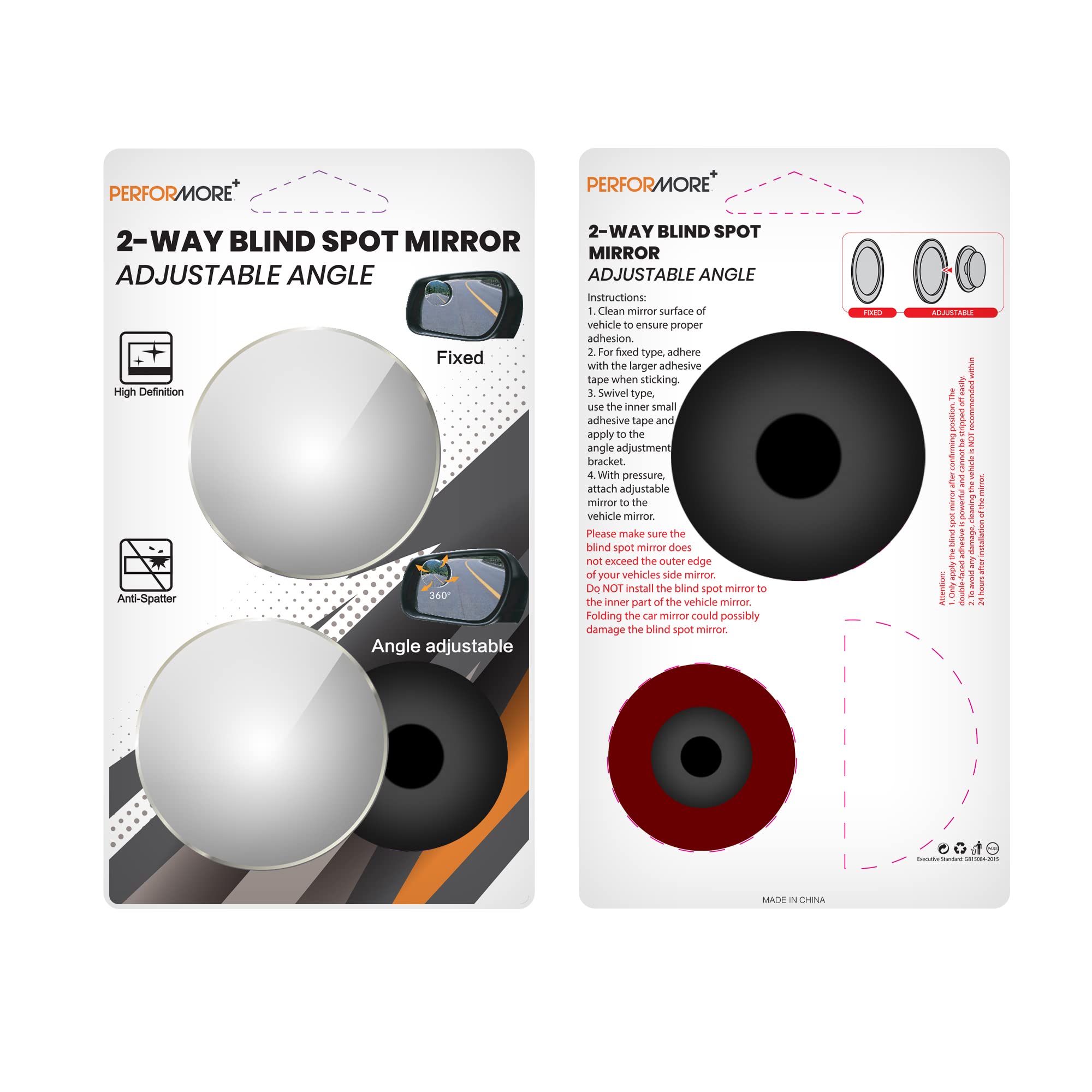 Performore 2 Pack of Blind Spot Car Mirrors, 2 Inch Round Adjustable HD Glass Convex Rear View Wide Angle Side Mirror Blindspot