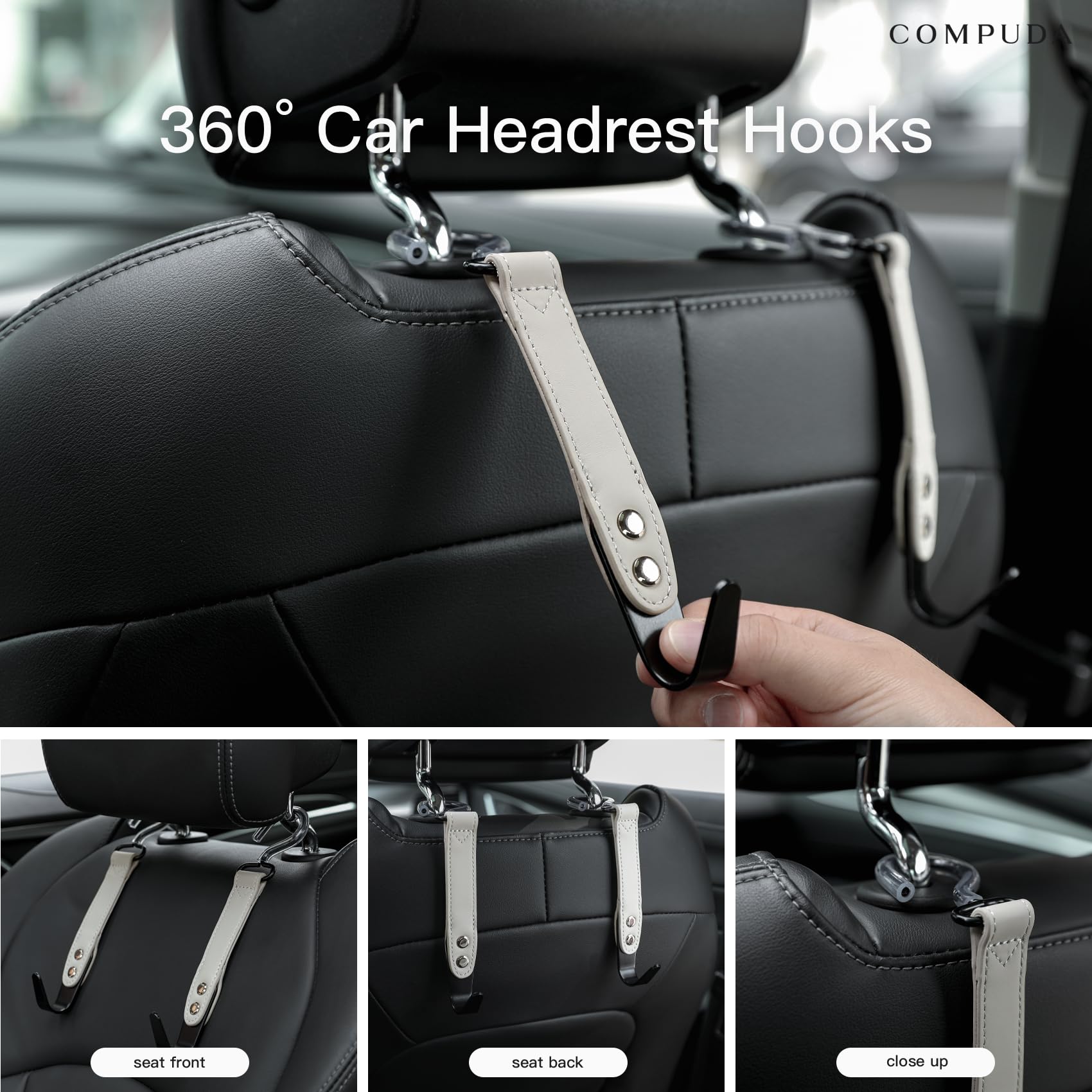 Compuda Car Headrest Hook 2 Pack Car Hook Holder Leather Headrest Hooks For Purses And Bags,Sus304 Car Hook (Grey)