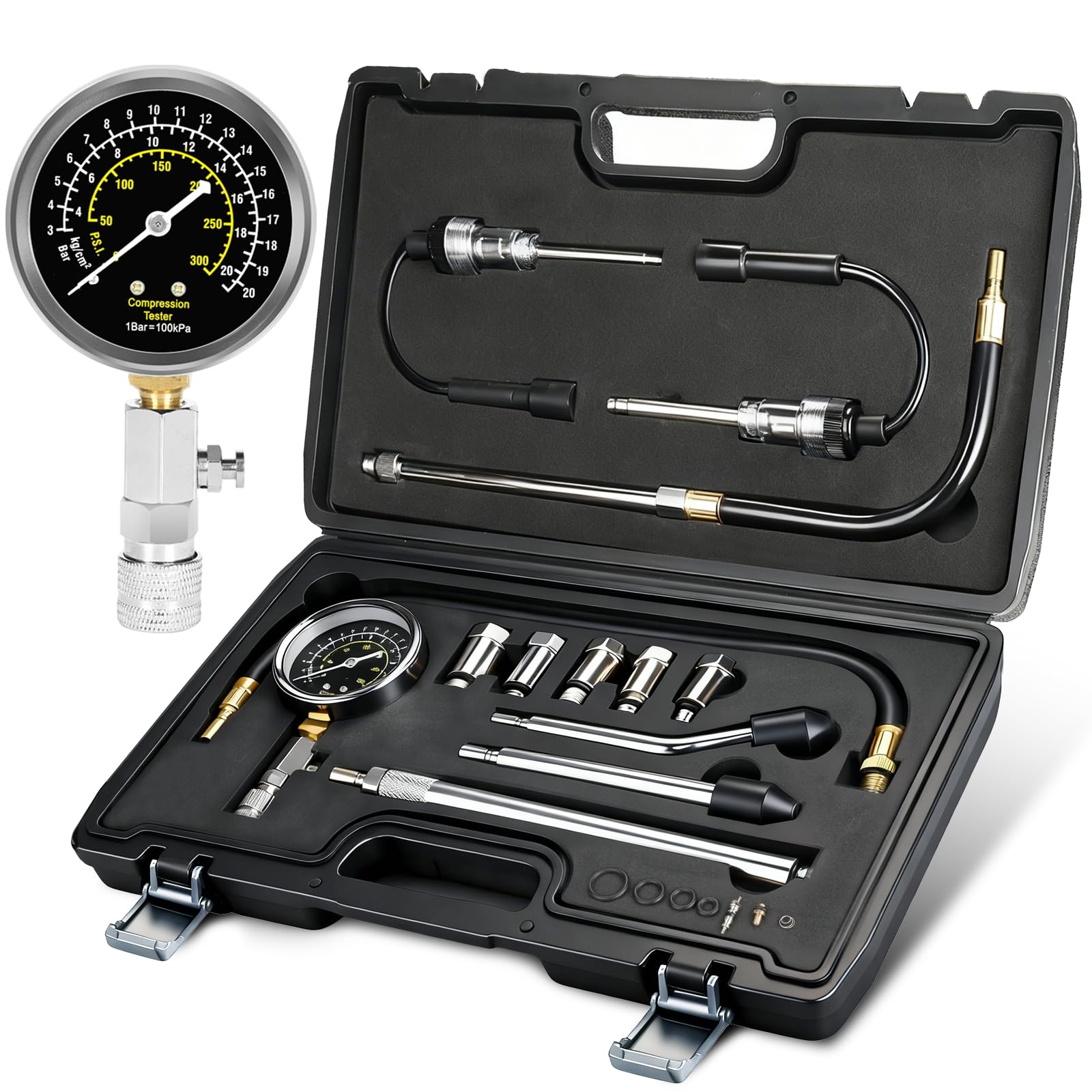 BETOOLL 13pcs Compression Tester with Spark Plug Tester - 300PSI Engine Cylinder Compression Gauge Automotive Tool