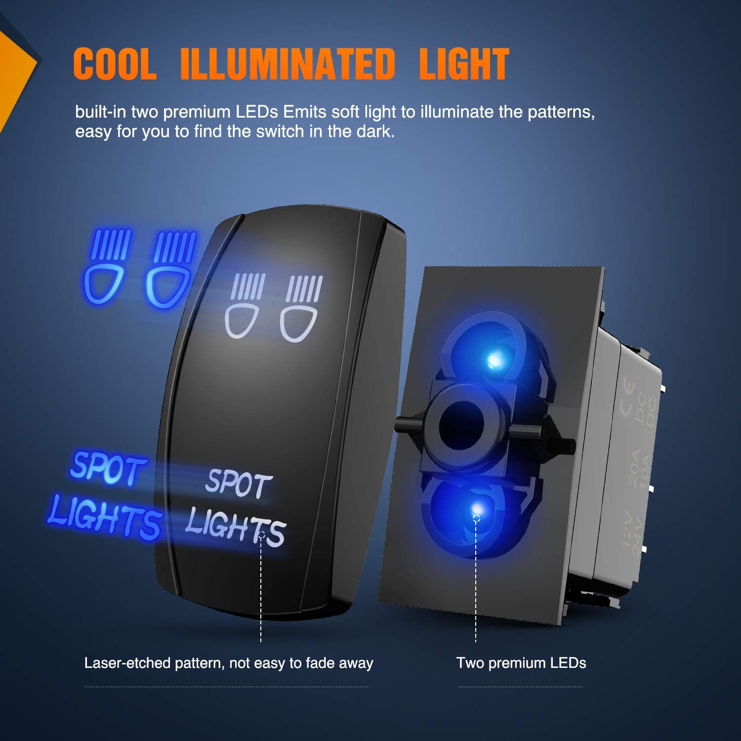 Nilight Spot Lights Rocker Switch Led Light Bar Switch 5Pin Laser On/Off Switches 20A/12V 10A/24V Switch With Jumper Wires Set F