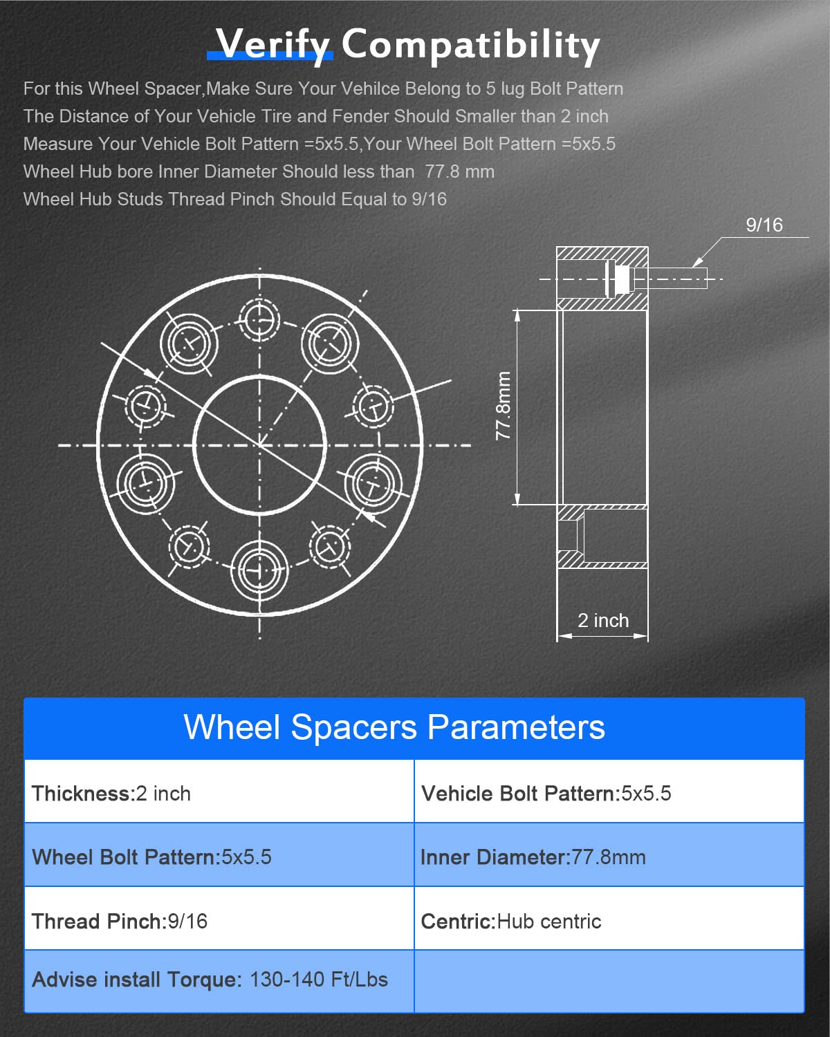 ECCPP 2PCS 2'' 5x5.5 to 5x5.5 5x139.7 Wheel Spacer Adapters 5 Lug 9/16'' Studs 77.8mm Fit for 2002-2010 for 2002-2010 for Ram 15