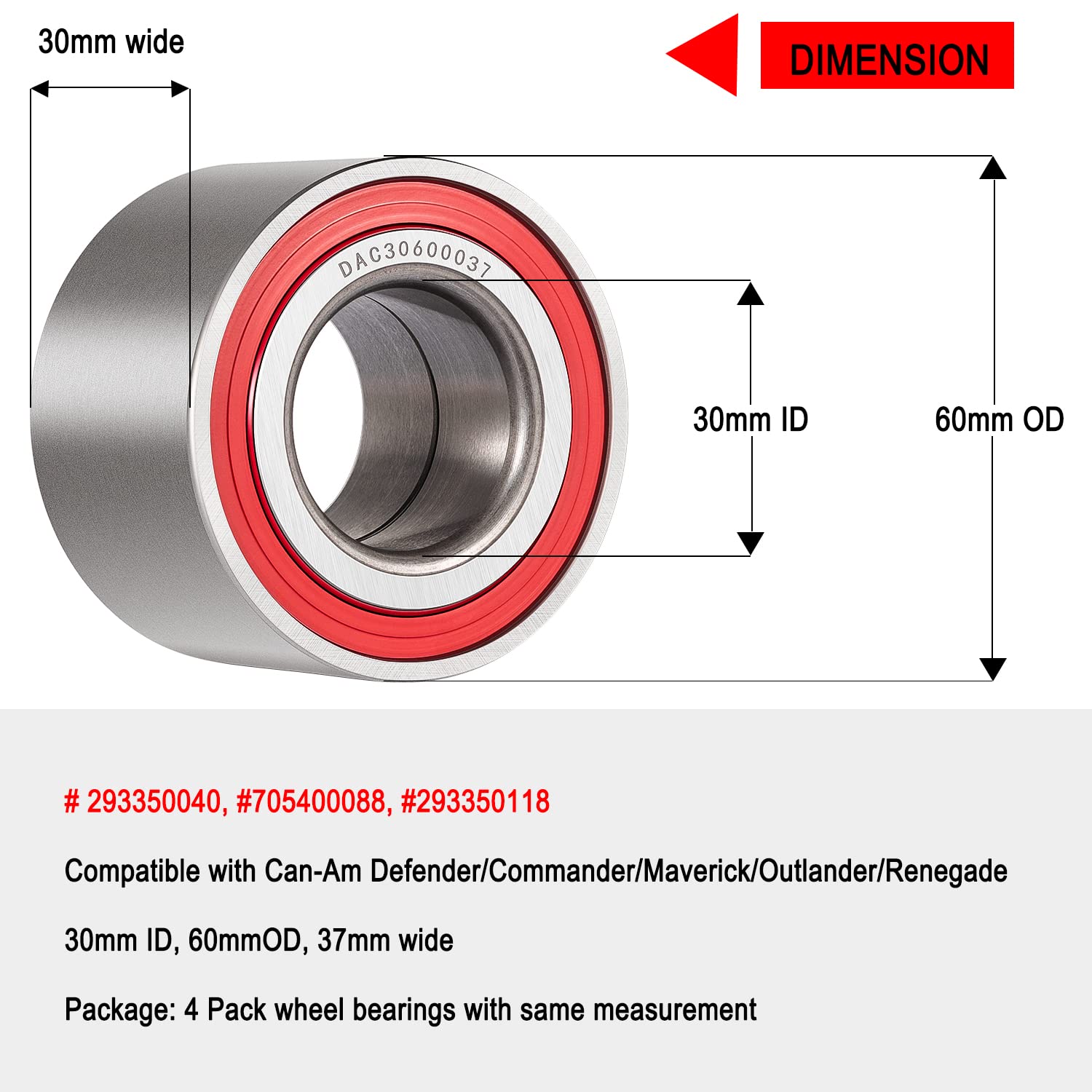 (4pcs) Heavy Duty Wheel Bearings for Can-Am Defender/Commander/Maverick/Outlander/Renegade Replaces # 293350040, 705400088, 2933