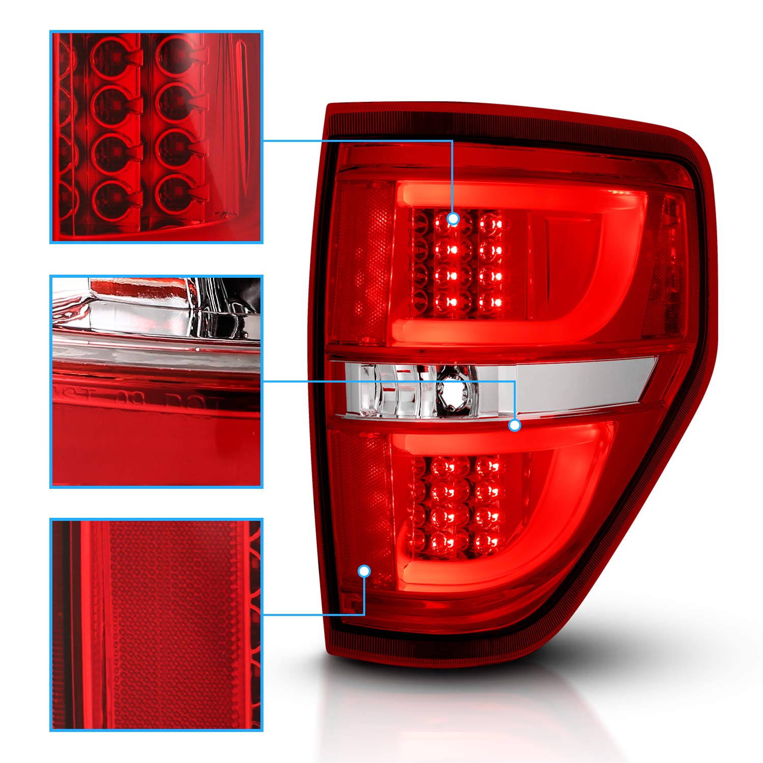 Amerilite Red/Clear Led Bar Replacement Brake Tail Lights Set For Ford F-150 - Passenger And Driver Side