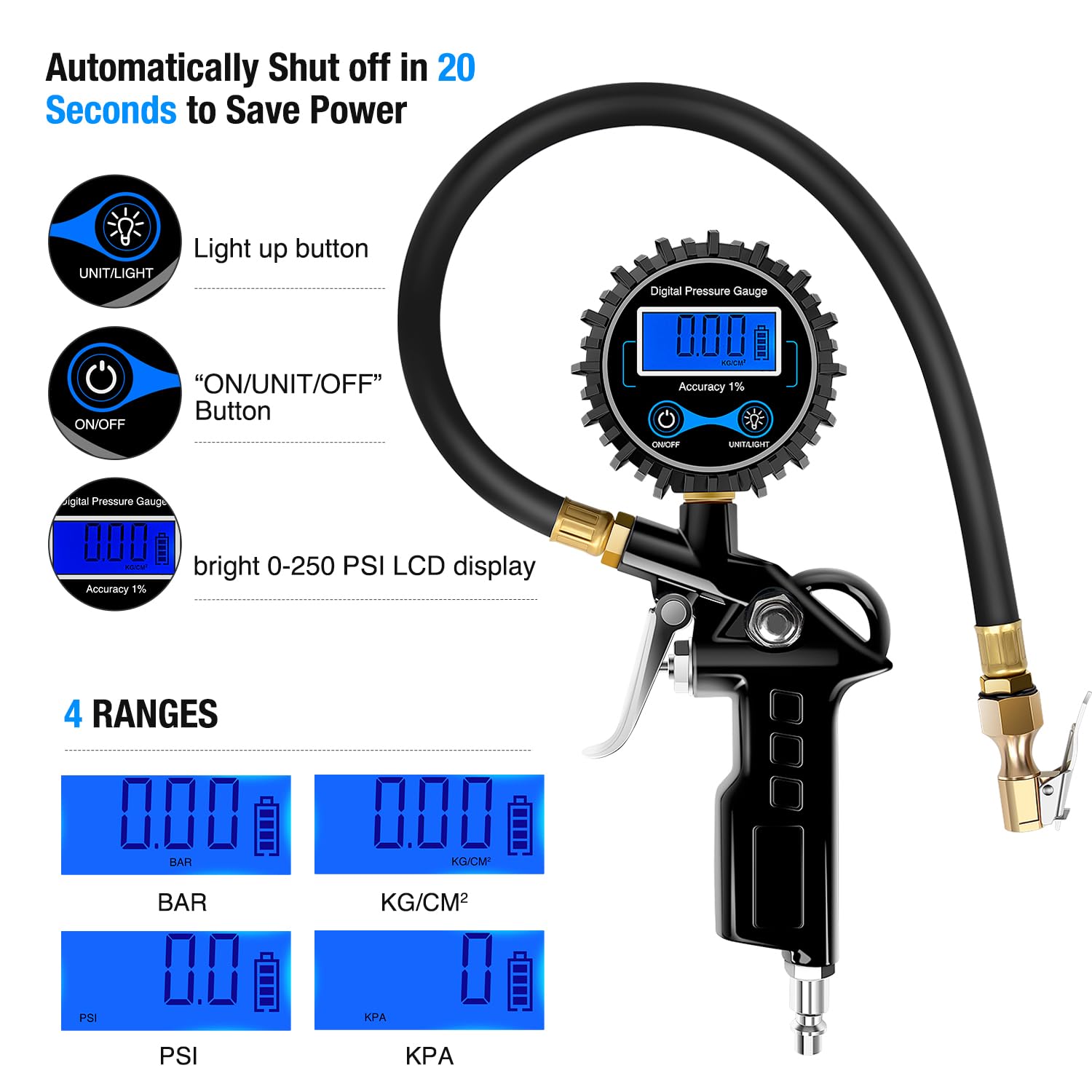 Nilight 50026R Digital Tire Inflator Pressure Gauge,250 Psi Air Chuck And Compressor Accessories Heavy Duty With Rubber Hose And Quick Connect Coupler For 0.1 Display Resolution