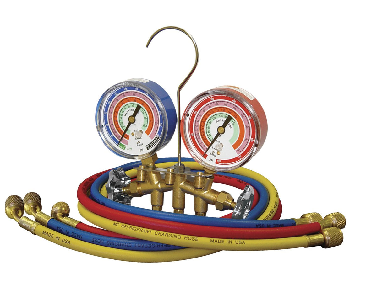 Mastercool 59136 2-Way Heavy Duty Brass Manifold Gauge Set With 3 1/8'' Silicone-Dampened Gauges And 1/4'' Sae Fittings For R410