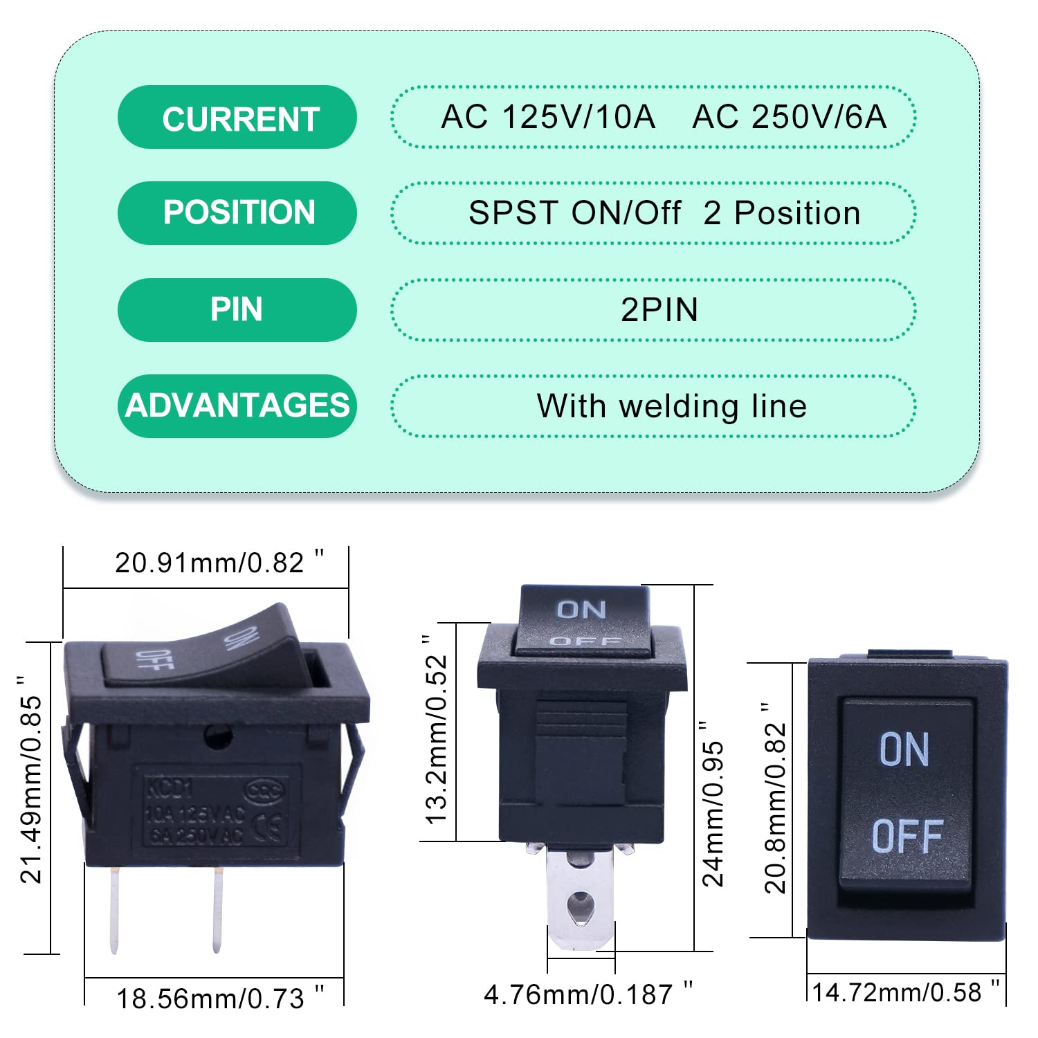 Twidec/5Pcs Rocker Switch Ac 6A/250V 10A/125V Spst 2 Pins 2 Position On/Off Car Boat Square Black Rocker Switch Toggle With Pre-