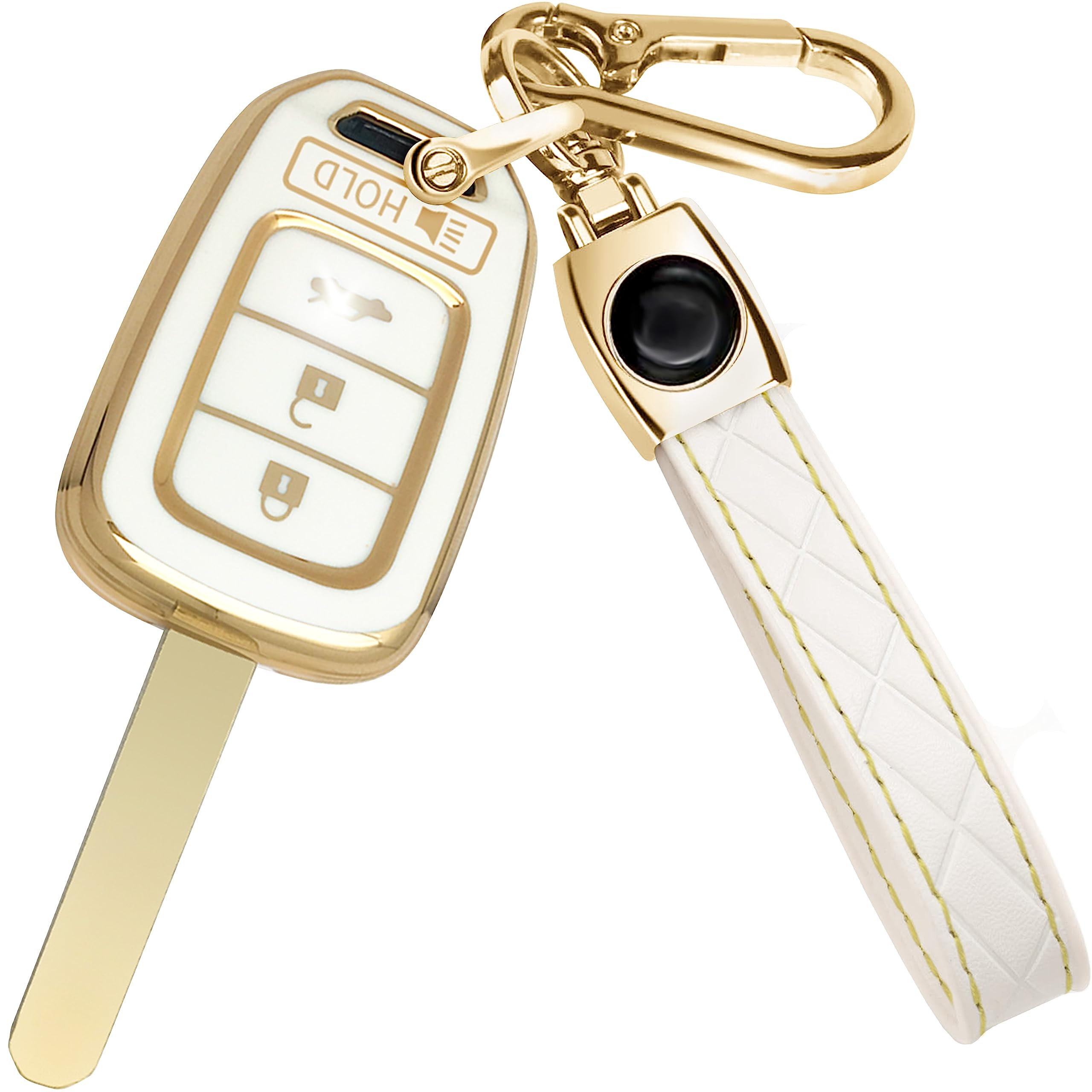 For Honda Civic Key Fob Cover And Leather Keychain - Full Cover Key Case For Honda Accord, Cr-V Se, Crv Lx, Hr-V - 2014-2022 Tpu Keyfob Cover Compatible With Mlbhlik6-1T - White And Gold