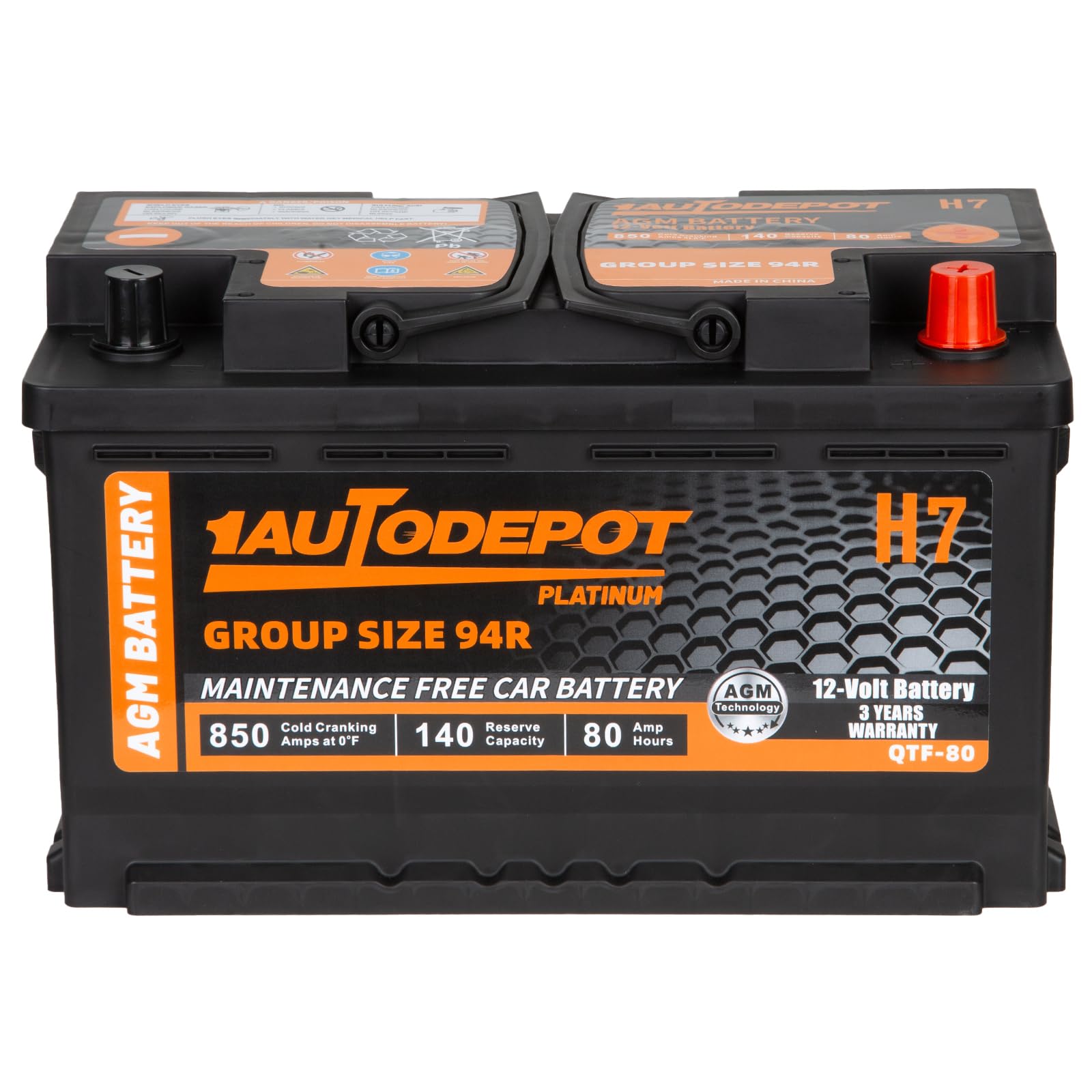 1Autodepot Bci Group 94R Car Battery, 12V 80Ah Size H7 Automotive Battery Premium Maintenance Free Agm Batteries, 850Cca, 140Rc