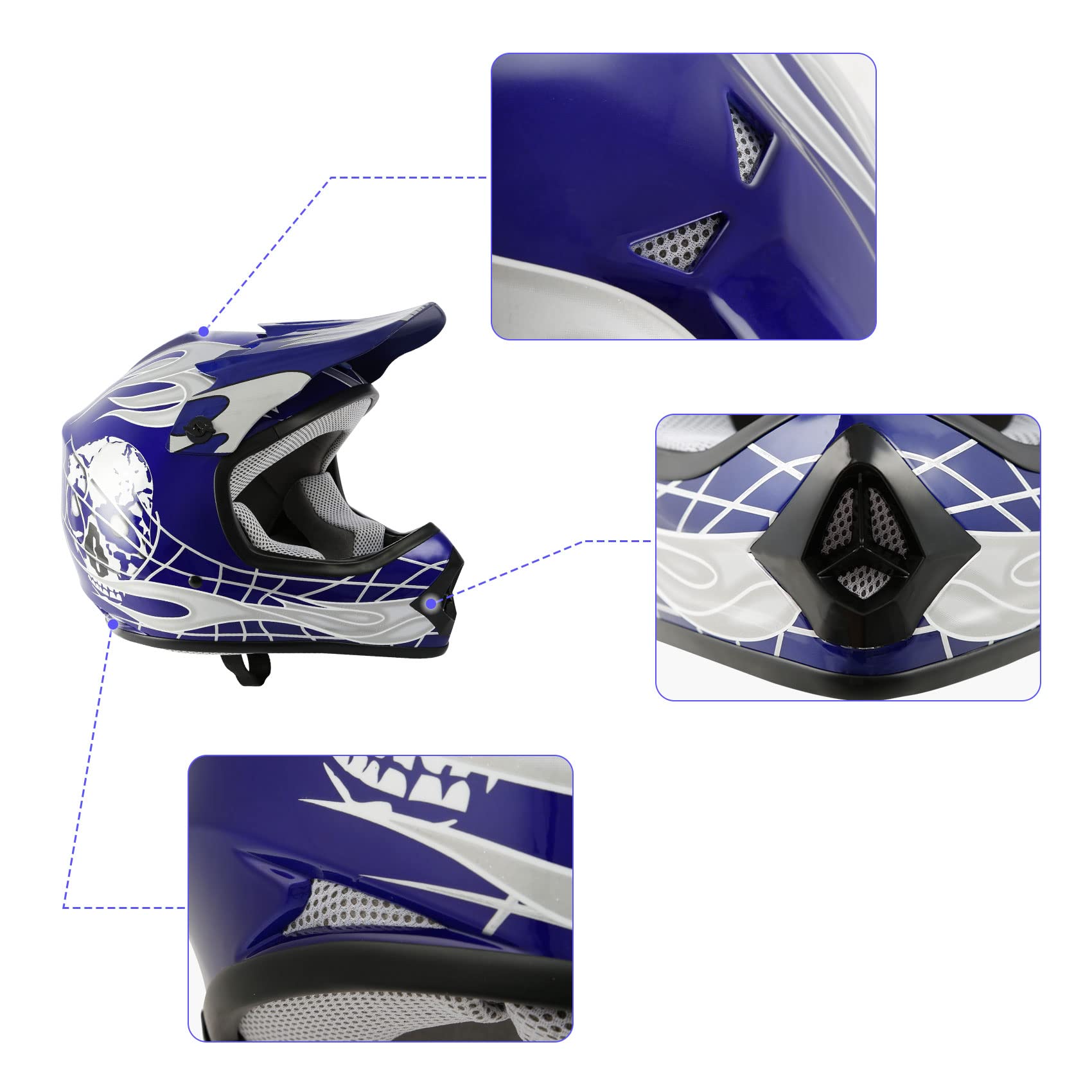 Tcmt Dot Youth & Kids Motocross Offroad Street Helmet Blue Skull Motorcycle Youth Dirt Bike Motocross Atv Helmet+Goggles+Gloves