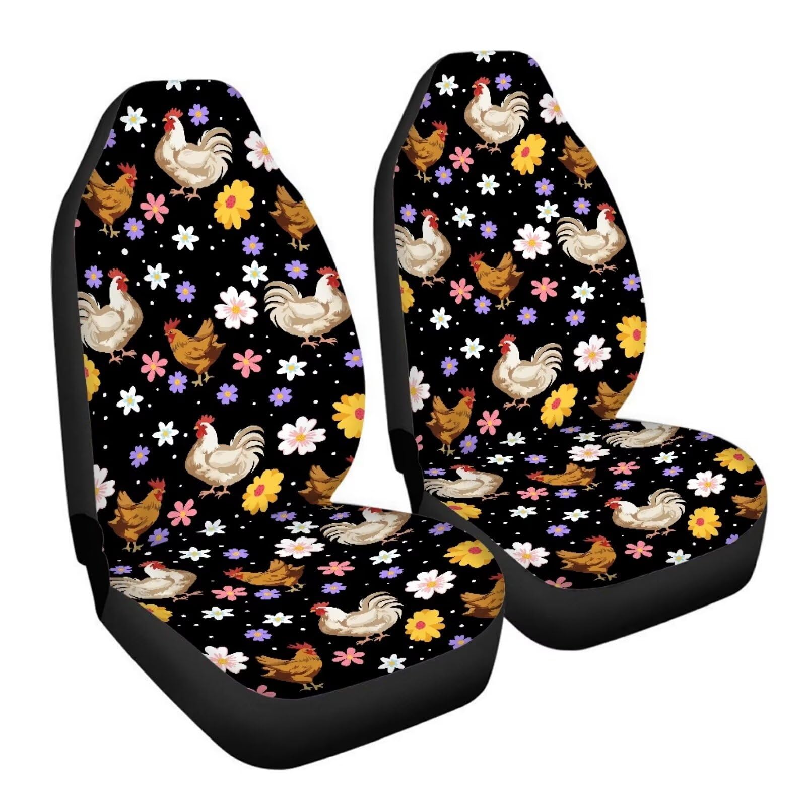 Bigcarjob Boho Chicken Car Seat Protector - Full Set Of 2 Pieces Hippie Daisy Chicken Vehicle Bucket Seat Pad For Women'S Auto I