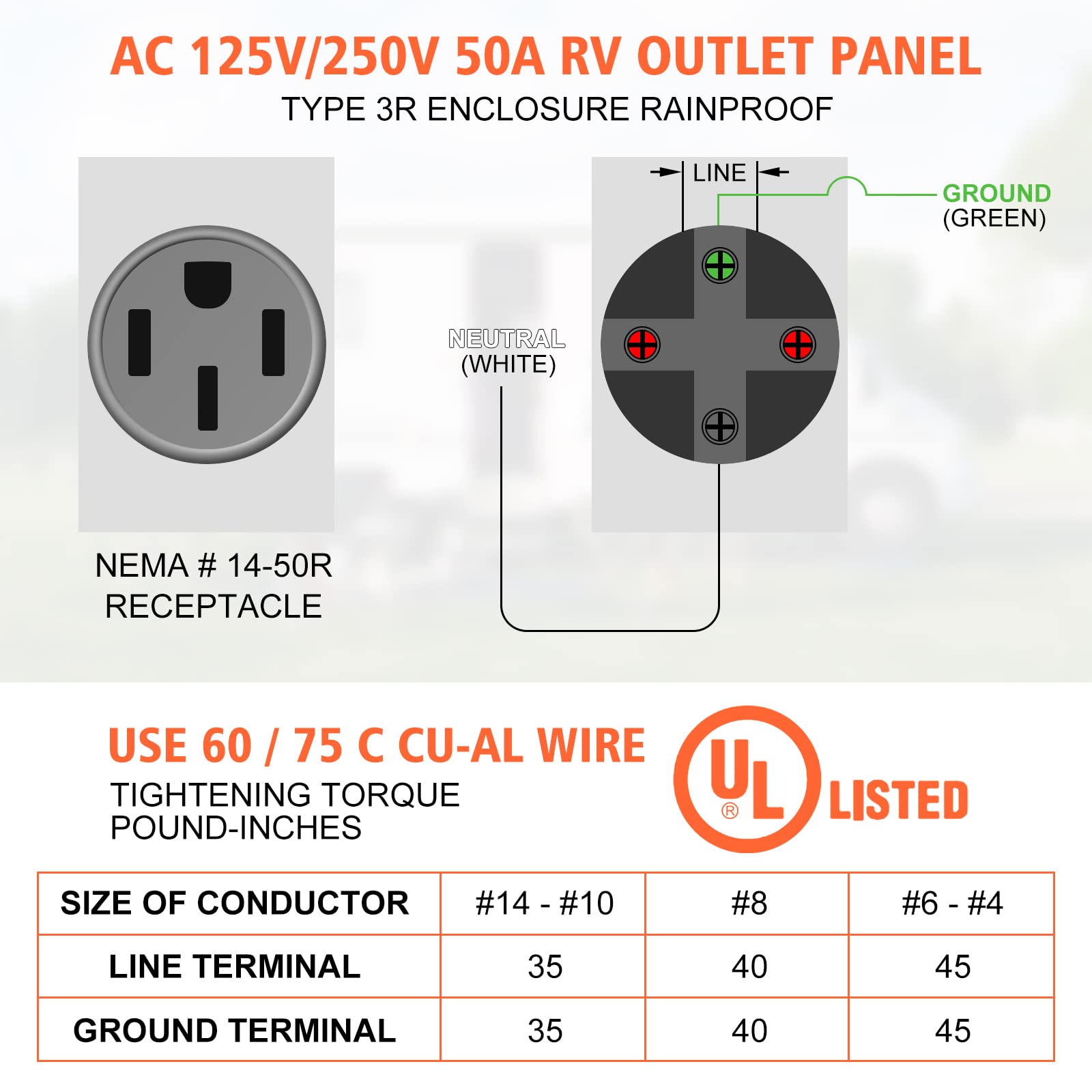 Welluck Rv Power Outlet Box | 50A 125/250V, Nema 14-50R Receptacle | Enclosed & Lockable | Weatherproof Plug For Travel Trailer,