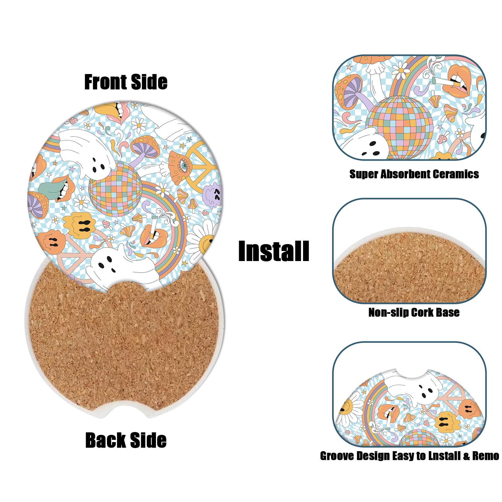 Funny Ghost Car Cup Holder Coaster -Halloween Absorbent Ceramic Coaster, Car Coasters for Cup Holders, Auto Accessories for Wome