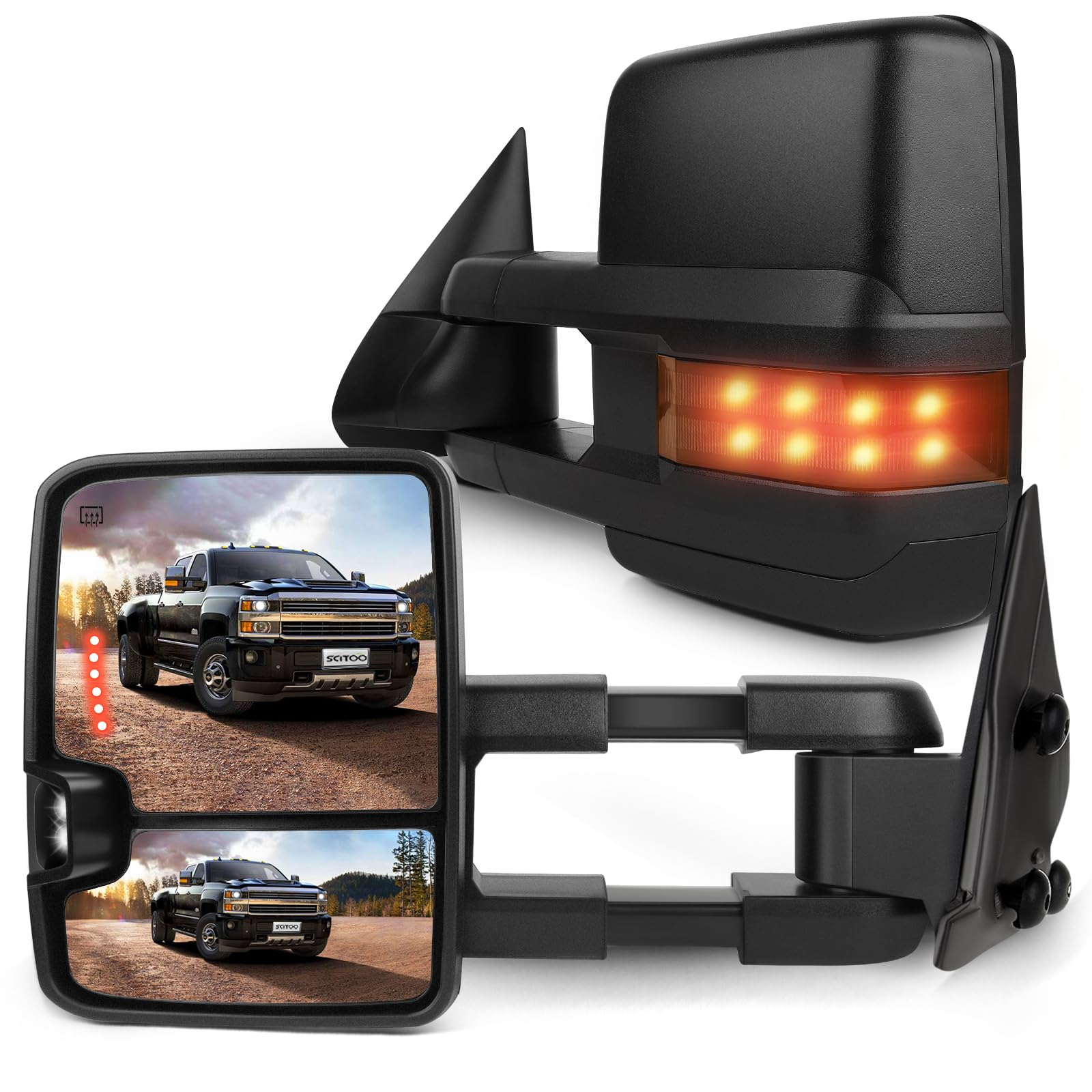 Scitoo Black Side Mirror For 99-02 For Chevy/For Gmc Silverado/Sierra Power Heated Led Turn Signal Towing Mirrors Pair Set