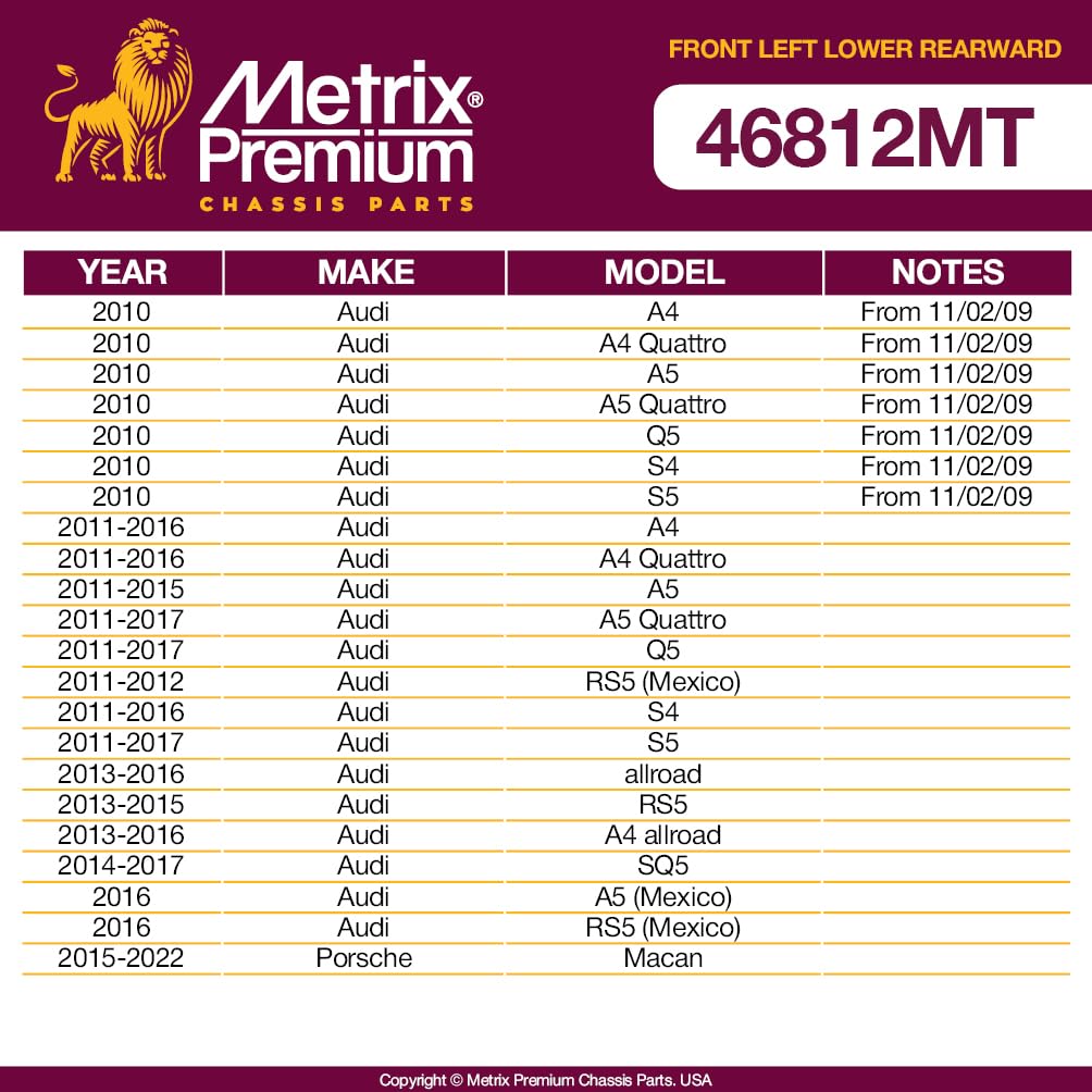 Metrix Premium Chassis Parts - Front Left Lower Rearward Control Arm W Ball Joint & Bushing Assembly Fits 11-16 Audi A4, A4 Quat