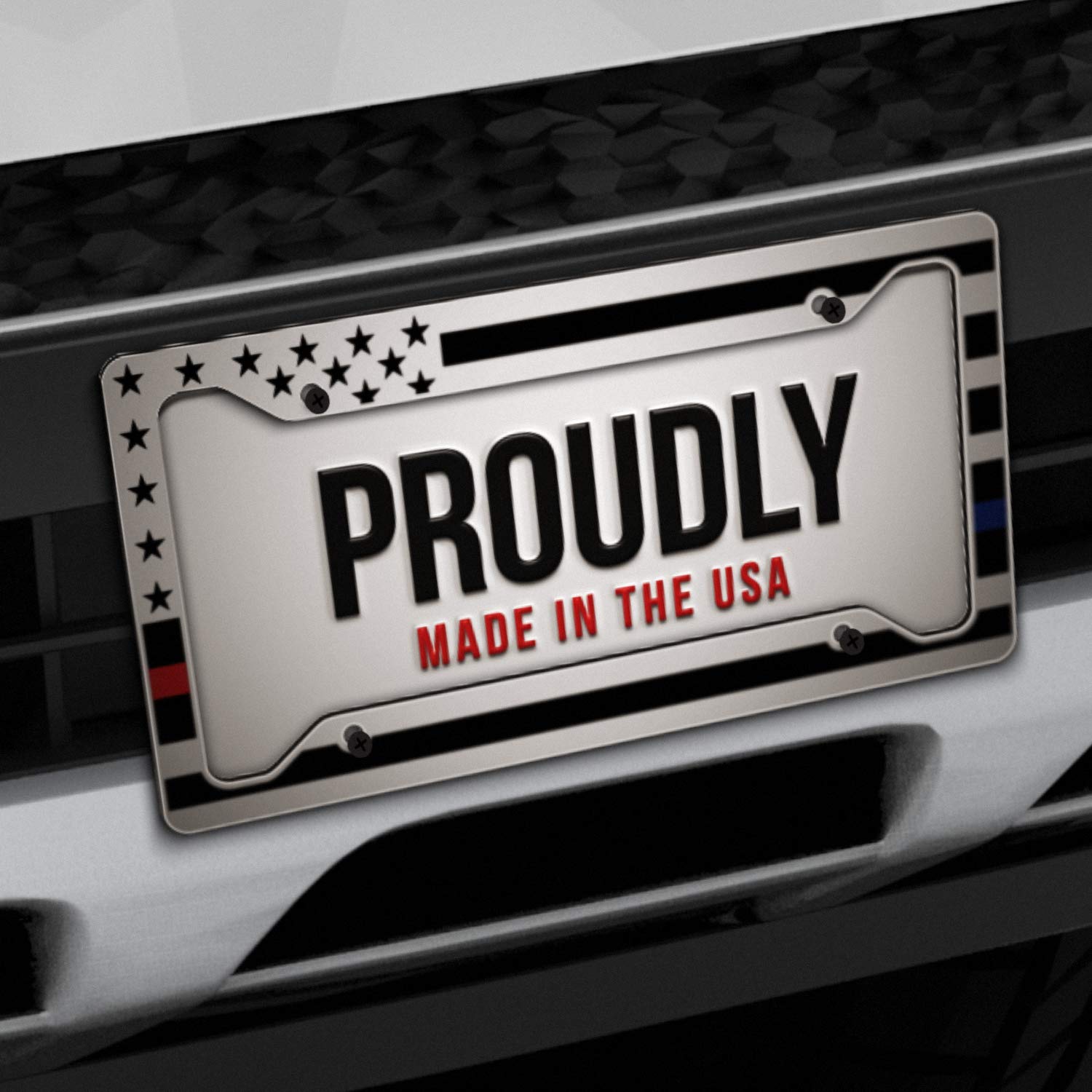 American Flag License Plate Frame - Thin Red Line Thin Blue Line- Car Tag Frame -Red Blue On Whiite Police Firefighter