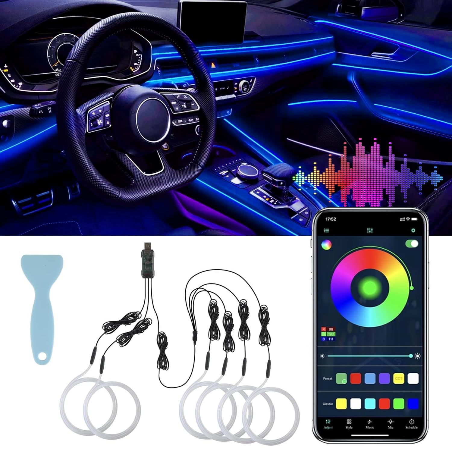 Livtee Smart Led Car Lights Interior With Usb Port, Led Strip Fiber Optic Ambient Lighting Car, Wireless App Control, Sync To Mu