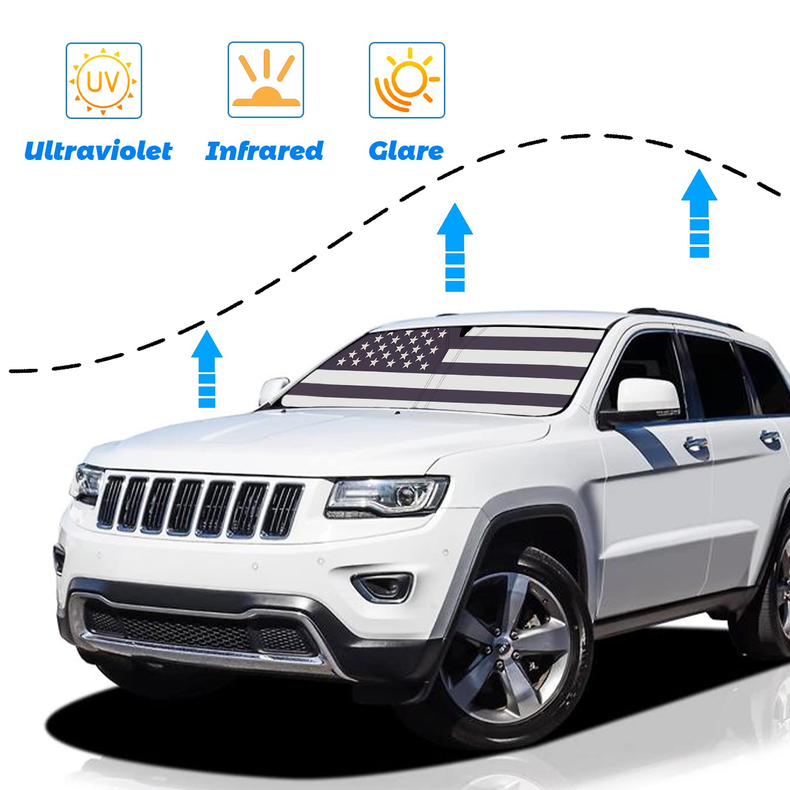 Moricere Upgrade Windshield Sun Shade With Usa Flag For Jeep Grand Cherokee 2011-2020 (Not For Grand Cherokee L&Jeep Cherokee),F