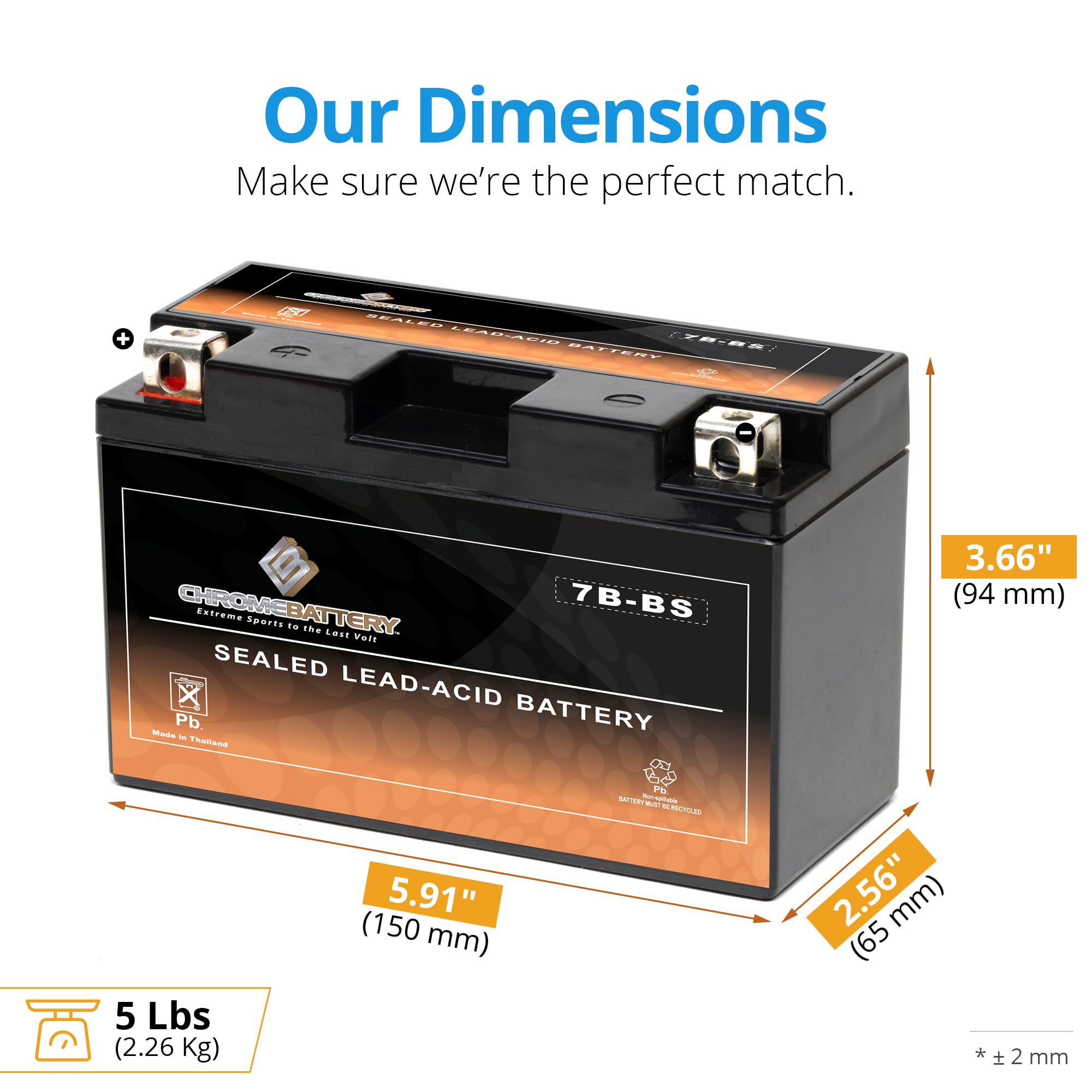 Chrome Battery Yt7B-Bs Maintenance Free Replacement Battery For Atv, Motorcycle, And Scooter: 12 Volts, 7 Amps, 6.5Ah, Nut And Bolt (T3) Terminal