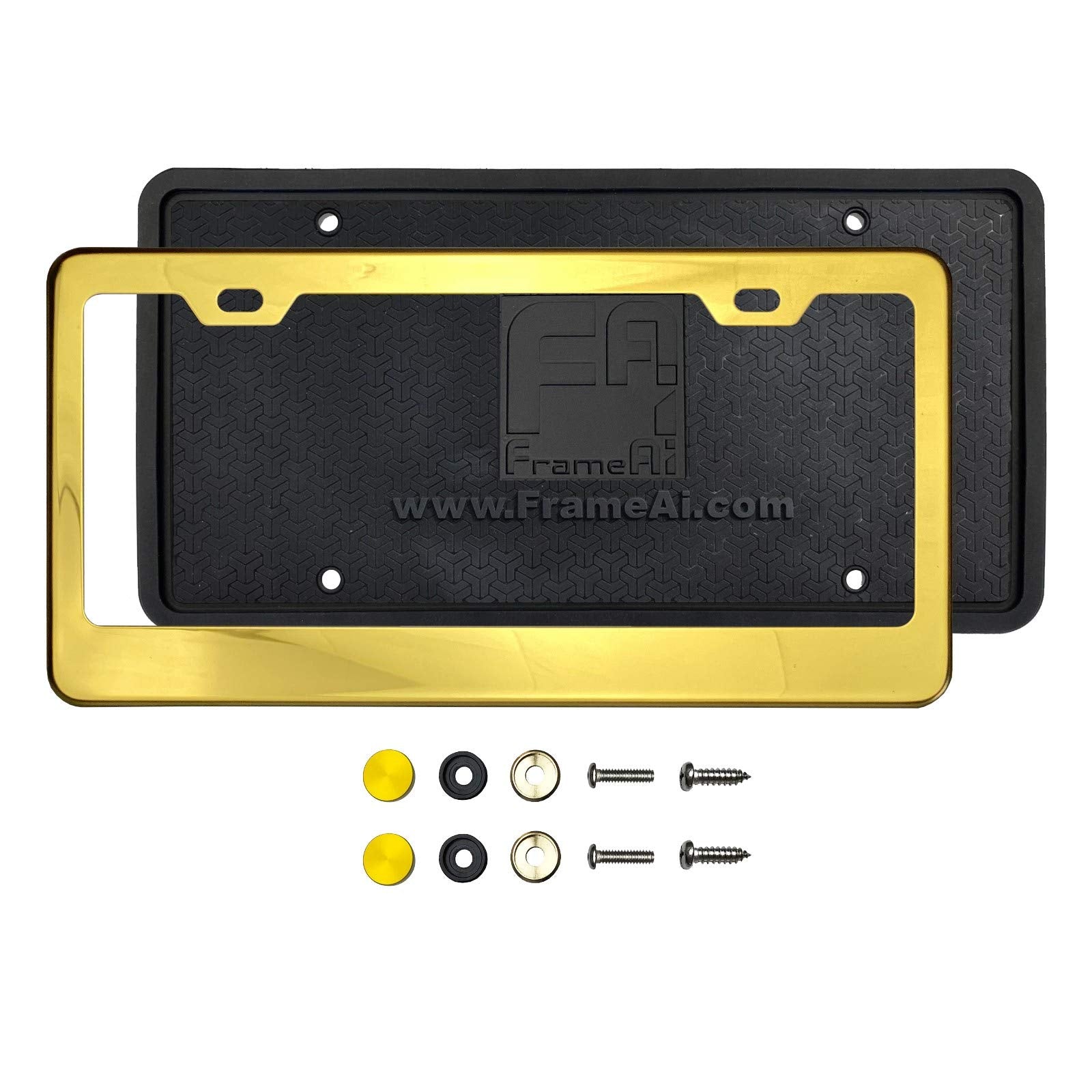 Silicone Back Guard License Plate Holder Gold Chrome Polish Mirror License Plate Frame T304 Stainless Steel + Metal Screw Caps