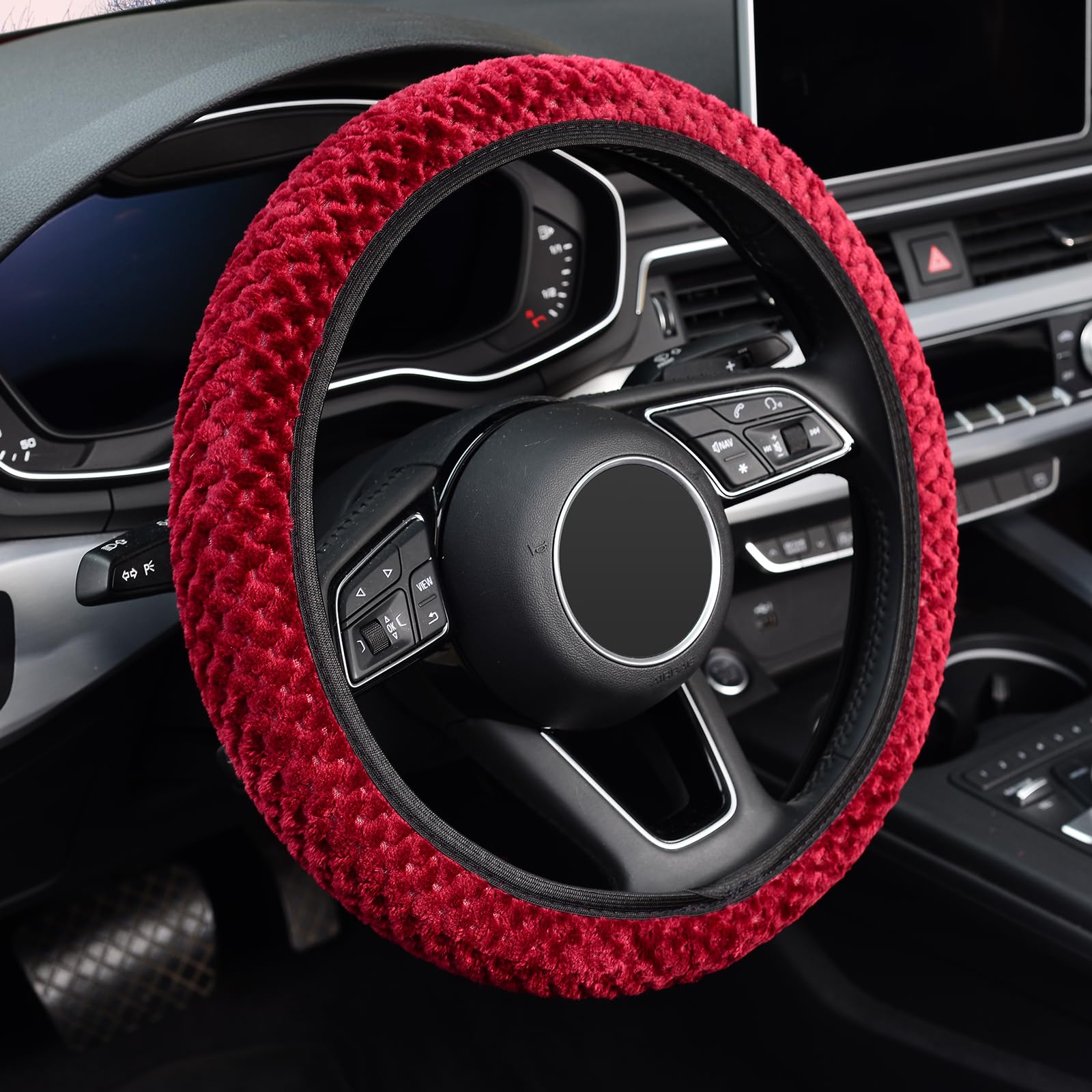 Kafeek Elastic Short Microfiber Plush Steering Wheel Cover For Winter Warm, Universal 15 Inch, Anti-Slip, Odorless, Wine Red