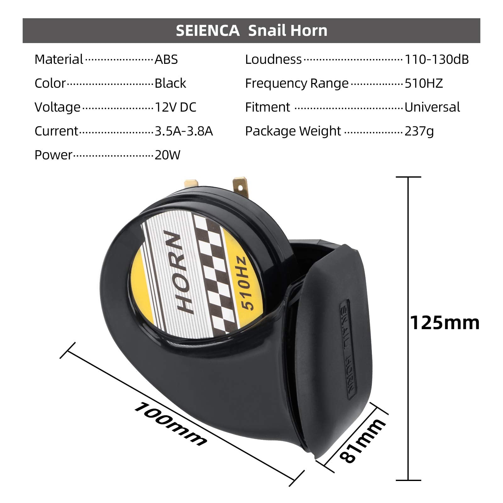 SEINECA 12V Snail Horn Siren 130DB Waterproof Electric Air Horn for Motorcycle, Car & Scooter - Black