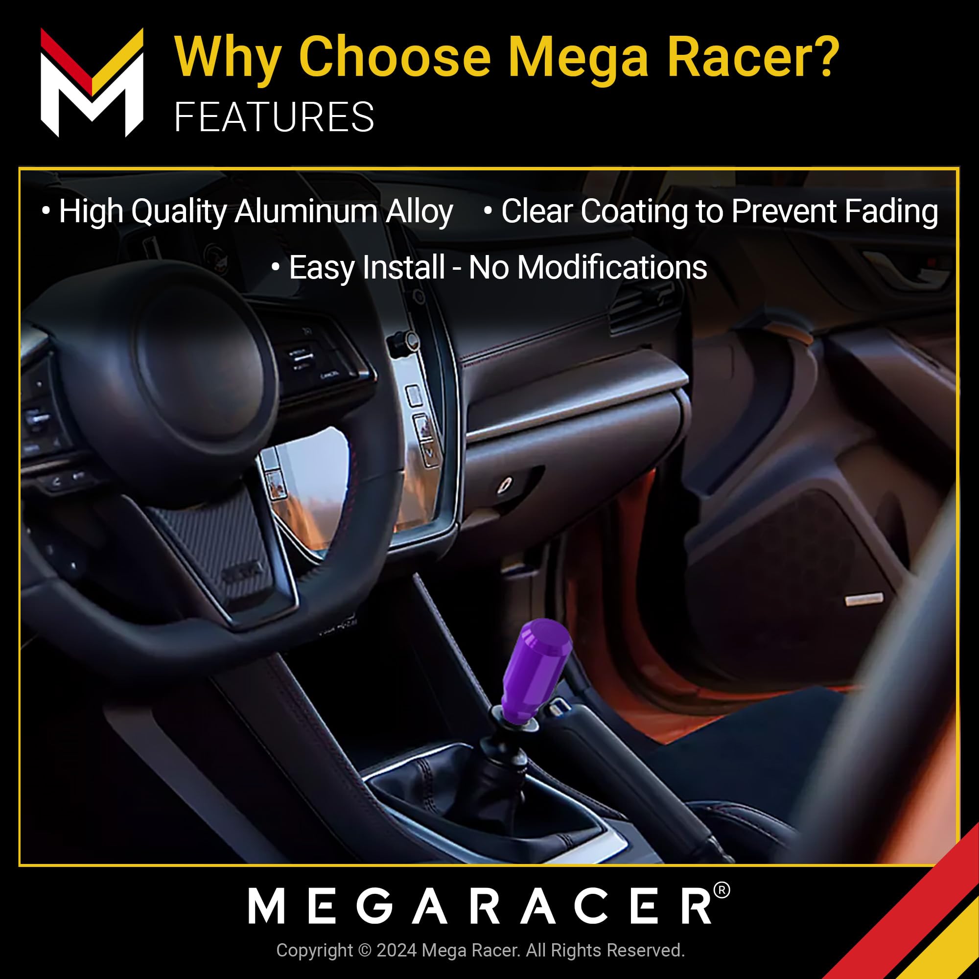 Mega Racer 8cm Purple Aluminum Shift Knob - for Buttonless Automatic and 4, 5 and 6 Speed Manual Transmission Vehicles, Interior