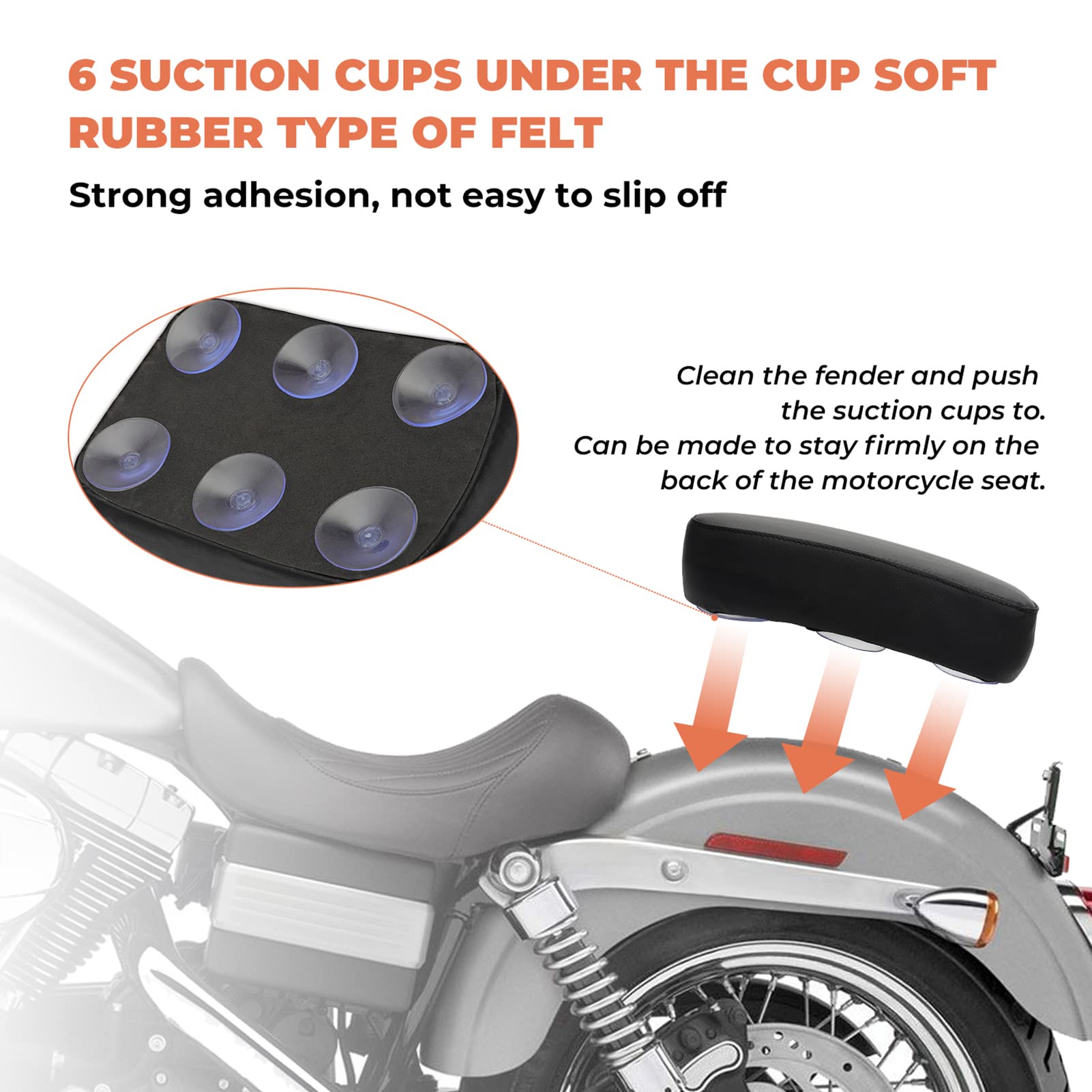 Alpha Rider Motorcycle Rectangular Pillion Passenger Pad Seat 6 Suction Cup For Harley Custom Chopper
