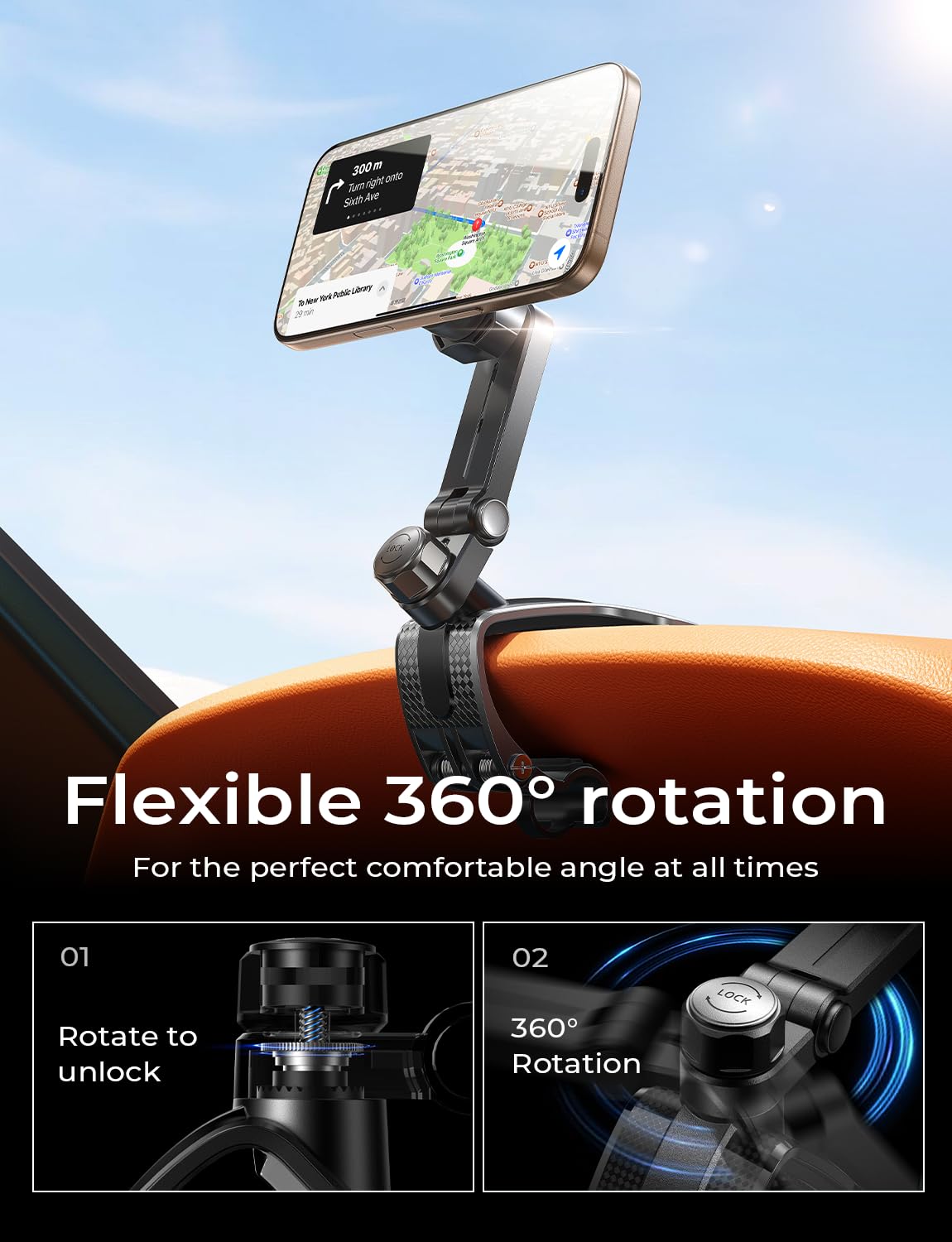 360 Degree Rotation Dashboard Car Phone Holder, Clip on Dashboard Cell Phone Holder for Driving Navigation, Magsafe Magnetic Car