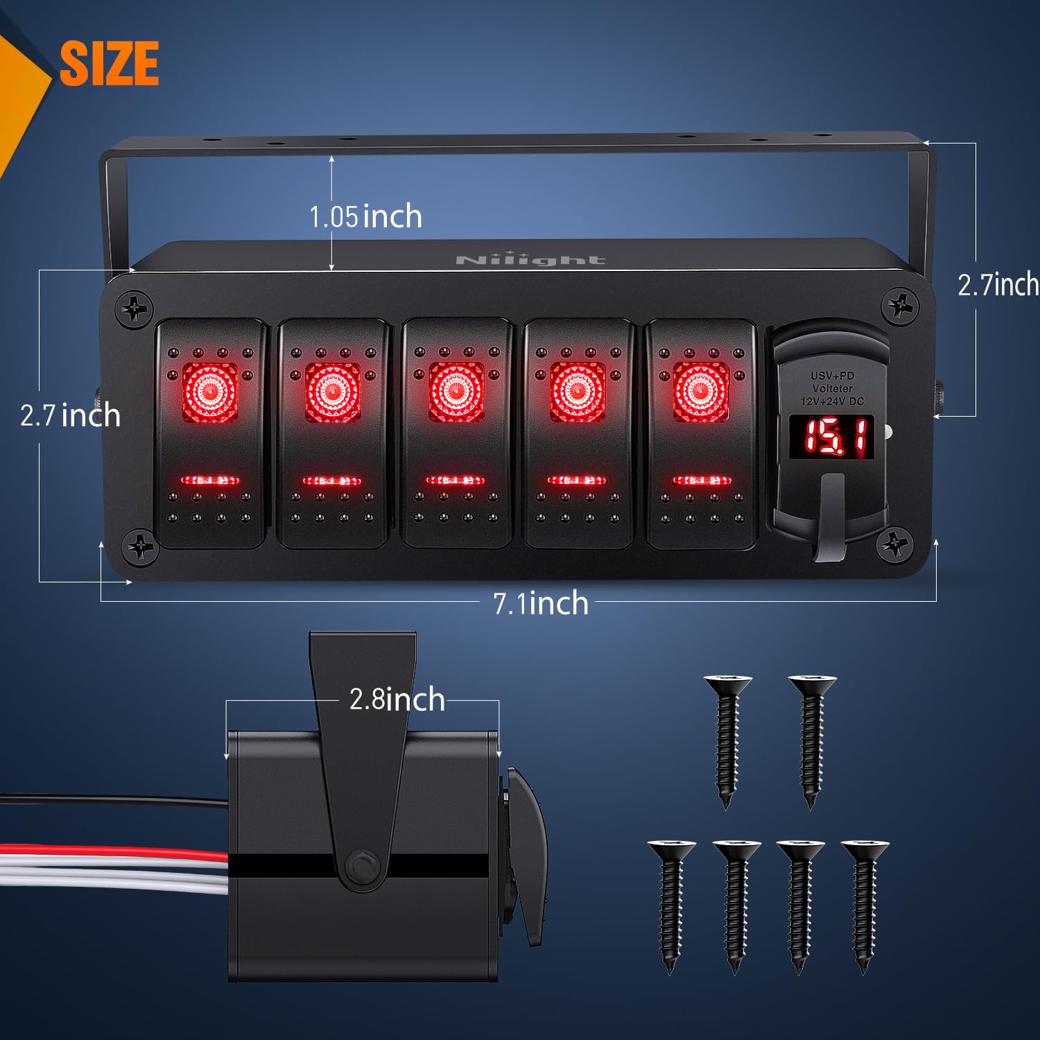 Nilight 5 Gang Rocker Switch Box 12V Spst On Off Toggle Switches Pd Type C And Qc 3.0 Usb Charger Voltmeter Led Light Waterproof