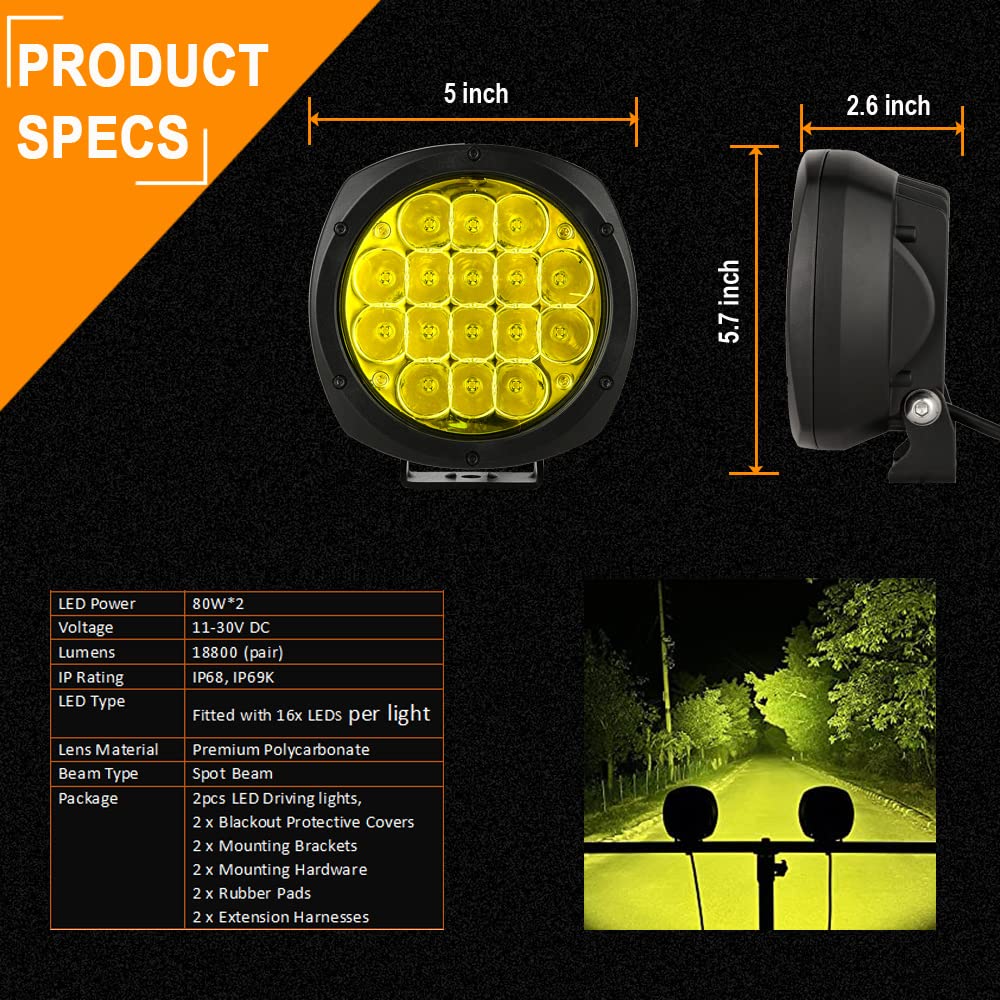 Biglion.X 5 Inch Pair 160W Amber Round Led Offroad Lights 18800Lm Amber Yellow Offroad Lights Super Bright Amber Driving Lights