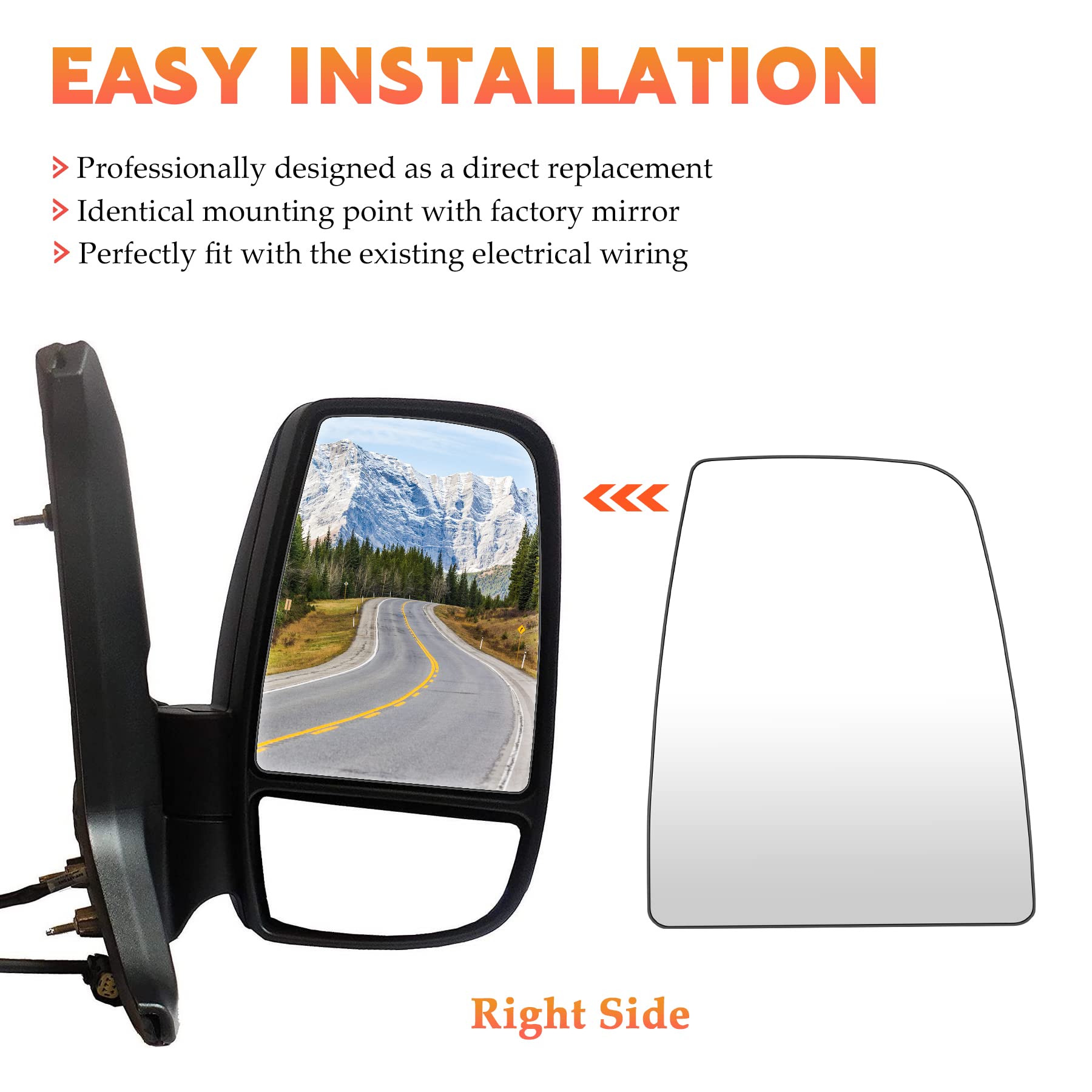 Left & Right Side Upper Rearview Convex Heated Mirror Glass With Rear Holder Fits For 2015-2022 Ford Transit-150 250 350 Hd For
