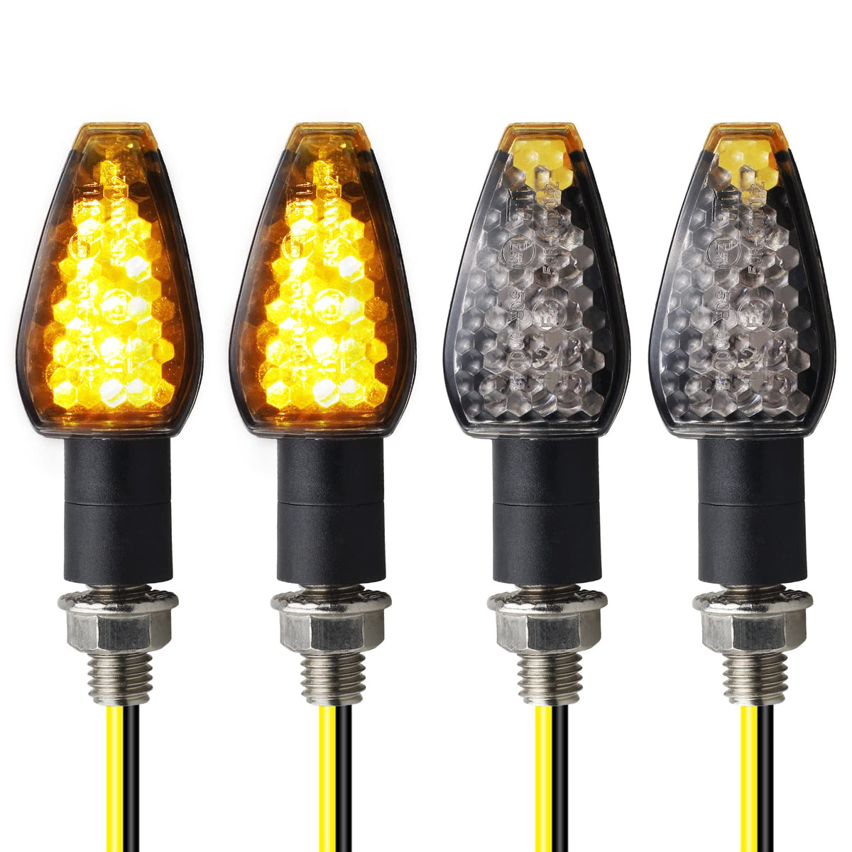 Nthreeauto 4Pcs Motorcycle Turn Signals Mini Stalk Arrow Indicators Led Front Rear Amber Blinker Universal Compatible With Honda Kawasaki Ninja Suzuki Yamaha R1 R6 12V Motorbike