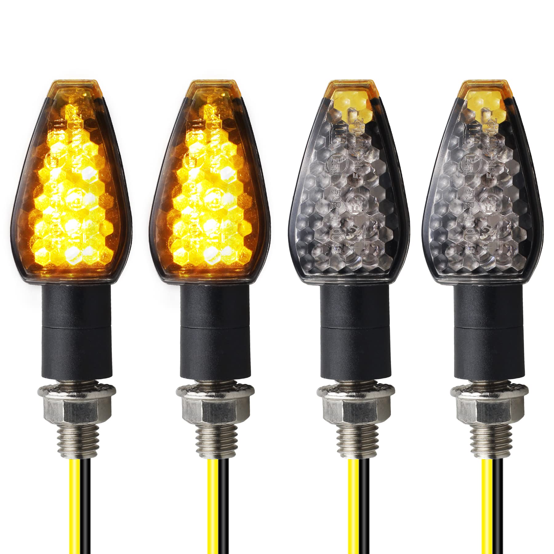 NTHREEAUTO 4PCS Motorcycle Turn Signals Mini Stalk Arrow Indicators LED Front Rear Amber Blinker Universal Compatible with Honda