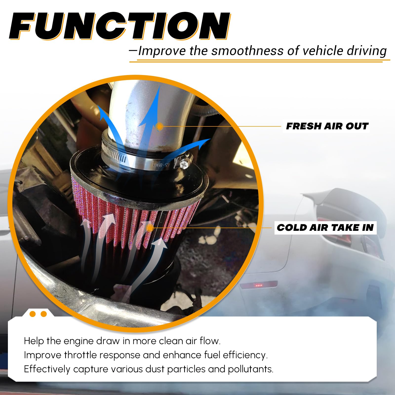 Ptnhz Universal Red 4'' 102Mm High Flow Cold Air Intake Cone Air Filter Power Intake Air Inlet System Air Cleaner