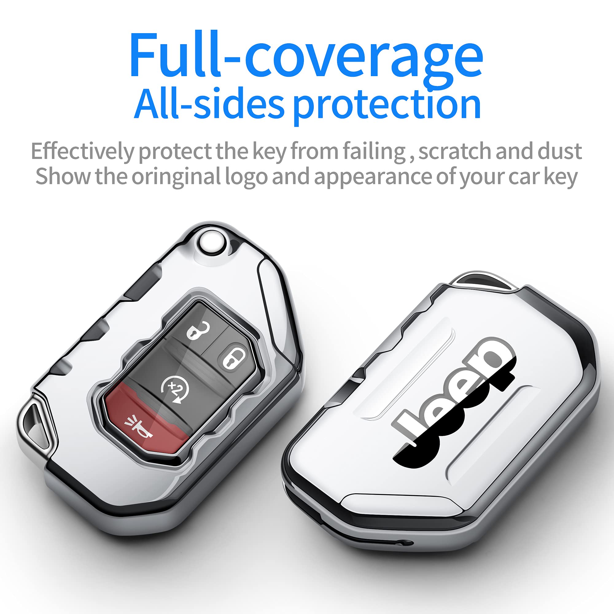 Tukellen For Jeep Key Fob Cover Premium Soft Full Protection Key Shell Key Case Compatible With Jeep 2020 2021 Gladiator Jt Sahara Jlu 2018-2021 Jeep Wrangler Jl Jlu Rubicon(Silver)