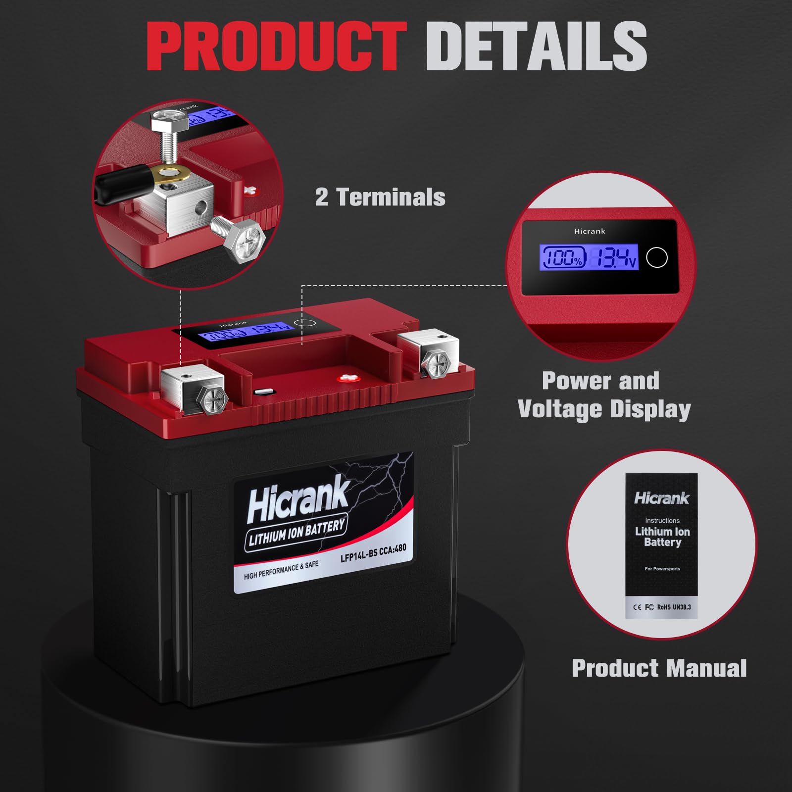 Hicrank YTX14L-BS (GYZ16HL) Lithium 12V 8Ah 480CCA LiFePO4 Motorcycle Battery, Powersports Battery for Honda KTM Yamaha Harely,