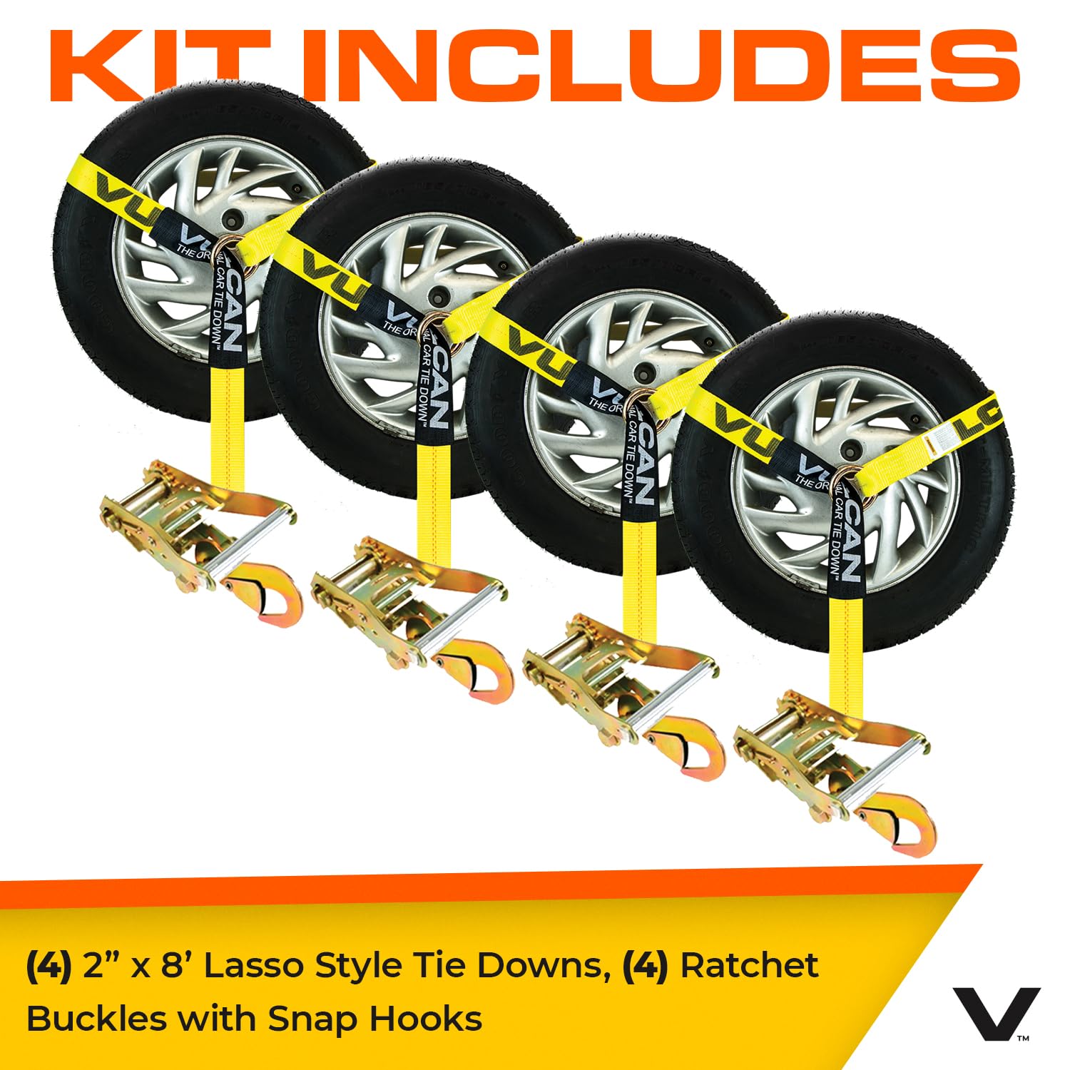 Vulcan Car Tie Down With Snap Hooks - Lasso Style - 2 Inch X 96 Inch - 4 Pack - Classic Yellow - 3,300 Pound Safe Working Load