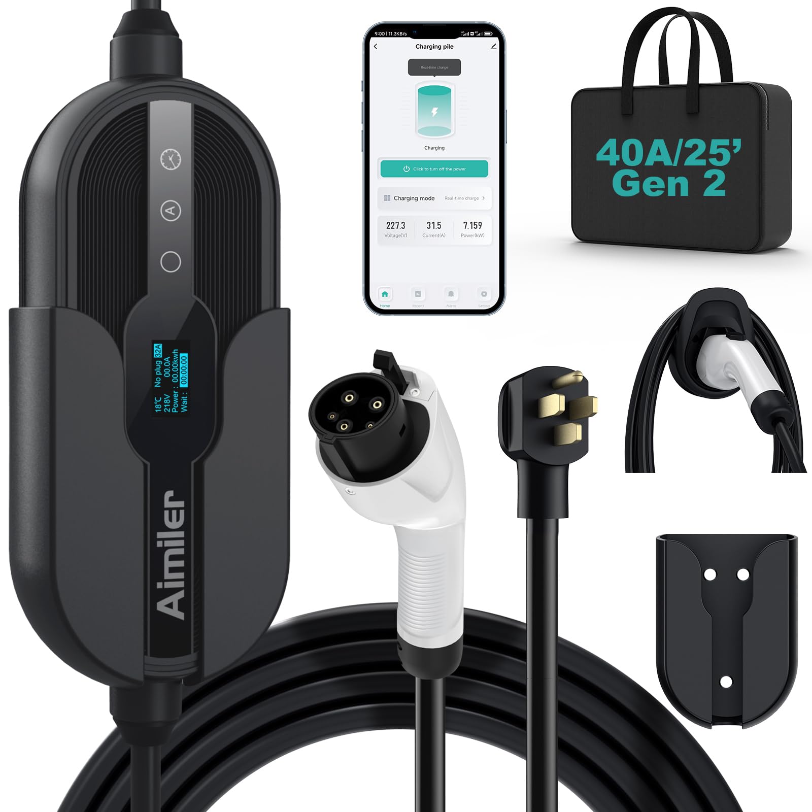 Aimiler Level 2 Electric Vehicle (Ev) Charger(40Amp, 220V-240V, Nema 14-50 Plug), 25Ft Cable Etl Listed Portable Indoor/Outdoor