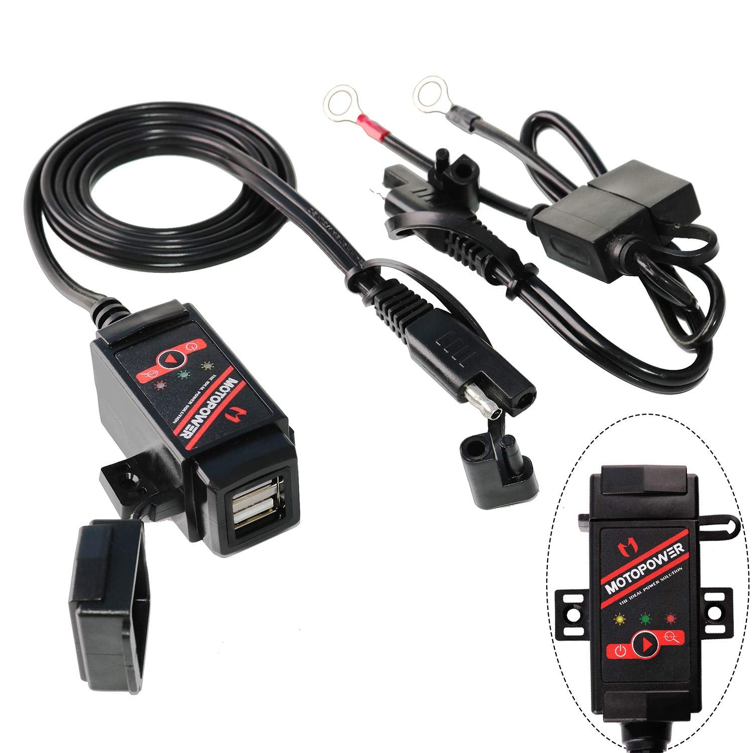 Motopower Mp0608 3.1Amp Motorcycle Dual Usb Port Sae To Usb Adapter Battery Monitor With Switch Control And Led Indicators