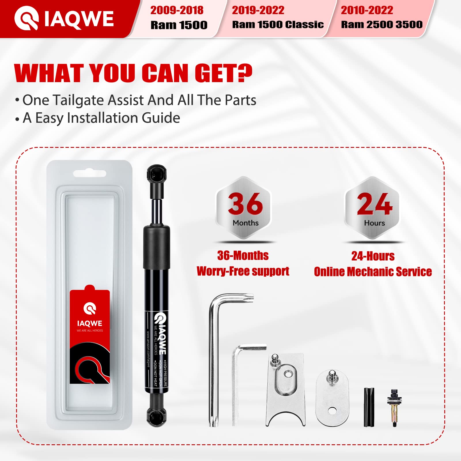 Truck Tailgate Assist Shock 43301 Compatible With 2009-2018 Dodge Ram 1500, 2010-2022 Dodge Ram 2500 / 3500, 2019-2022 Dodge Ram 1500 Classic
