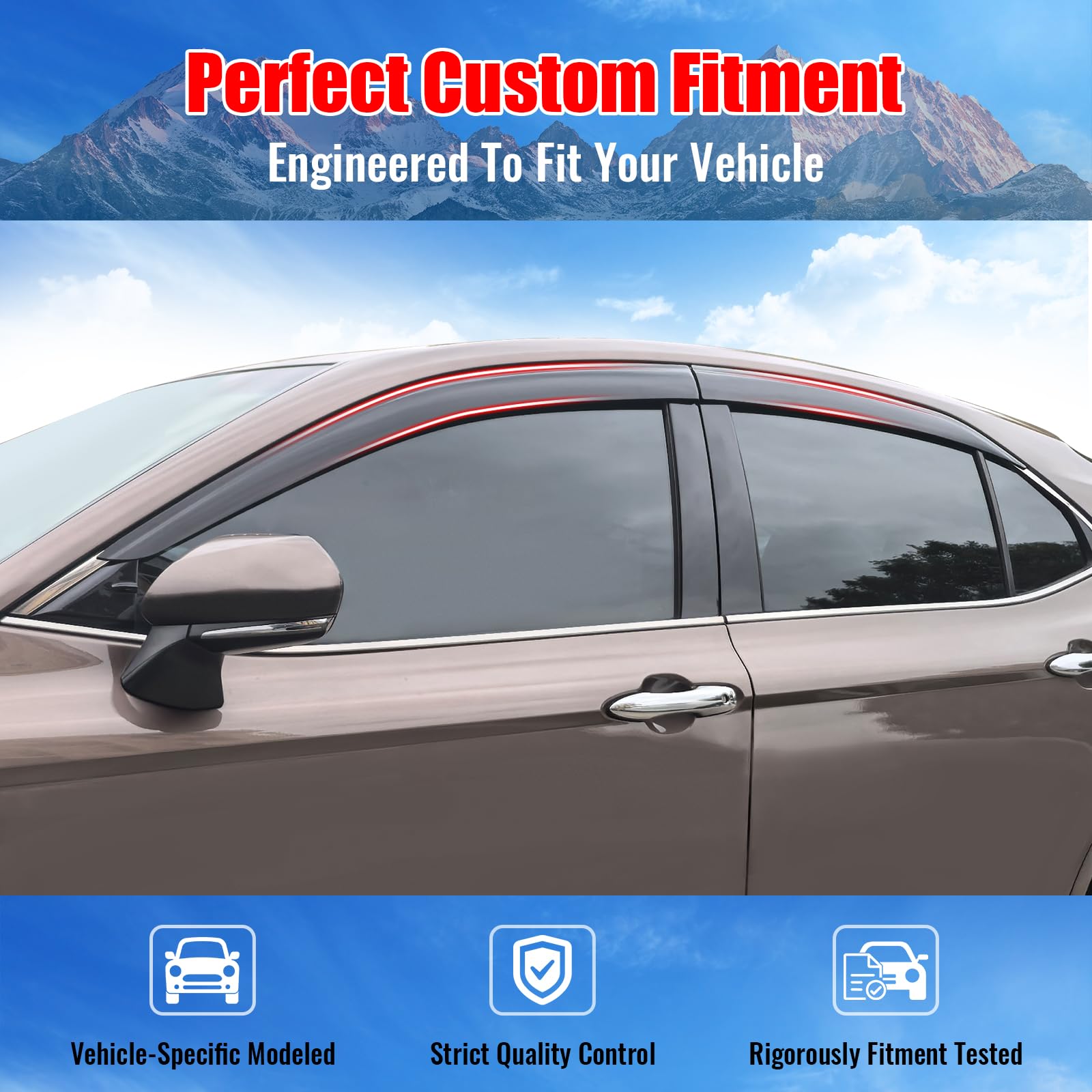 Ikon Motorsports Tape On Low Profile Window Visors Compatible With 2018-2024 Toyota Camry, Acrylic Smoke/Tinted Rain Guards, Sid