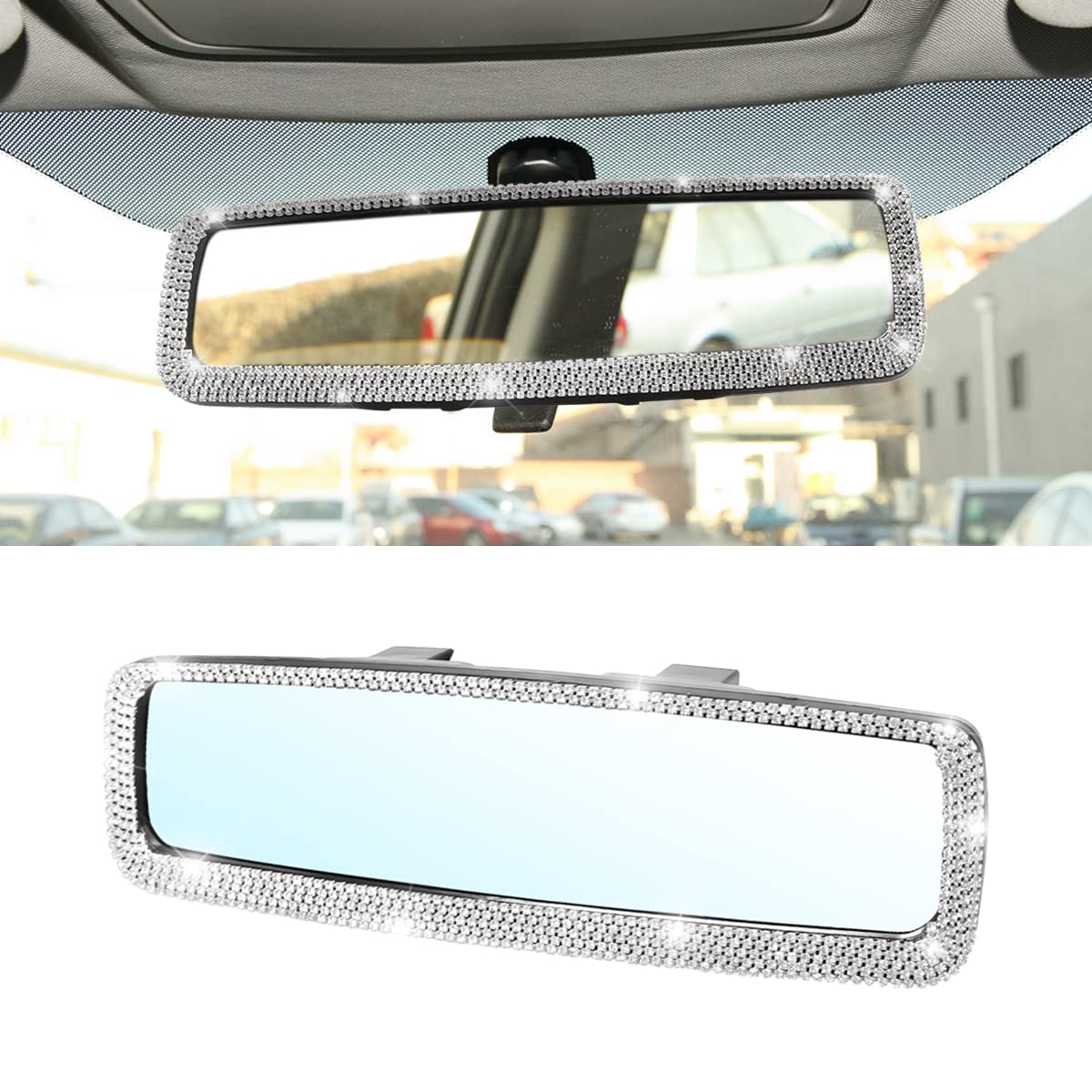 Blau Grun Bling Car Rear View Mirror, Rhinestones Crystal Clip-On Rearview Mirror With Hd Glass, Compatible With Most Cars, Suvs