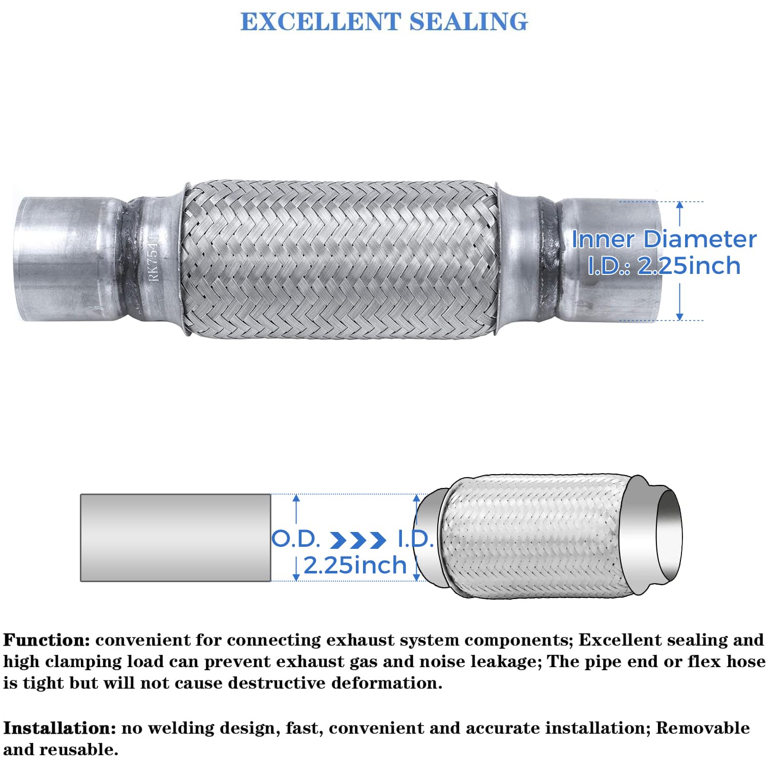 RP Remarkable Power, RK7541 Exhaust Flex Pipe 2.25'' x 8'' Heavy Duty Stainless Steel 12''OL