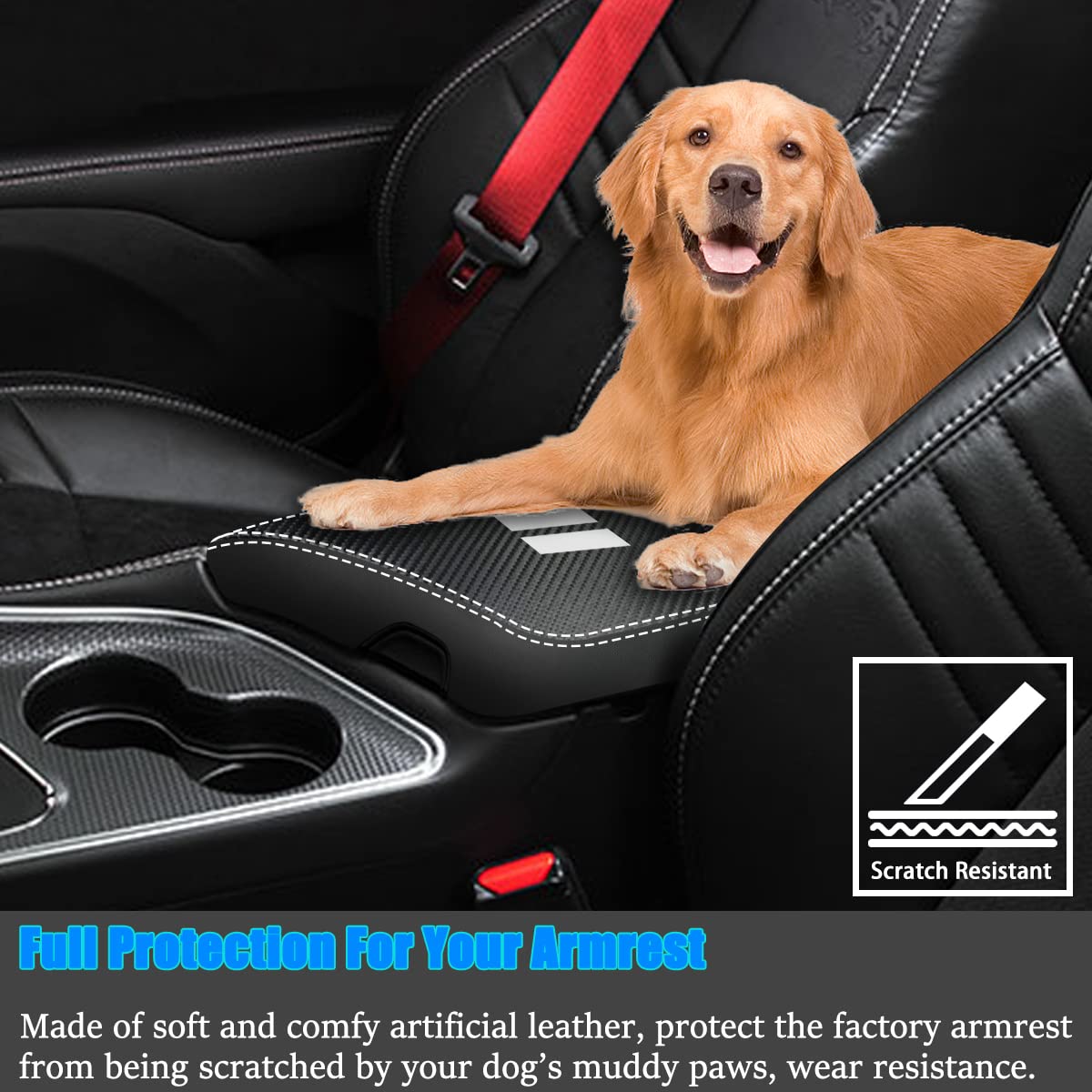 Yofamo For Dodge Challenger 2015-2023 Car Armrest Cover Waterproof Center Console Pad Covers Scratch Resistance Box Cover Leathe