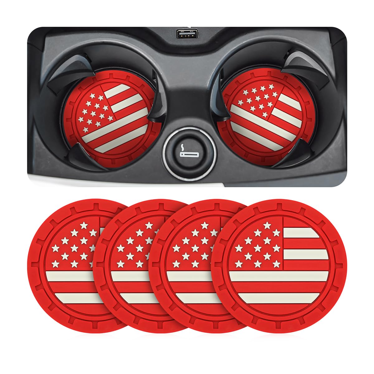 Osilly Car Cup Holder Coasters, 4 Pack American Flag Insert Coaster, 2.75 Inch Pvc Anti-Slip Shockproof Embedded Drink Mat, Inte