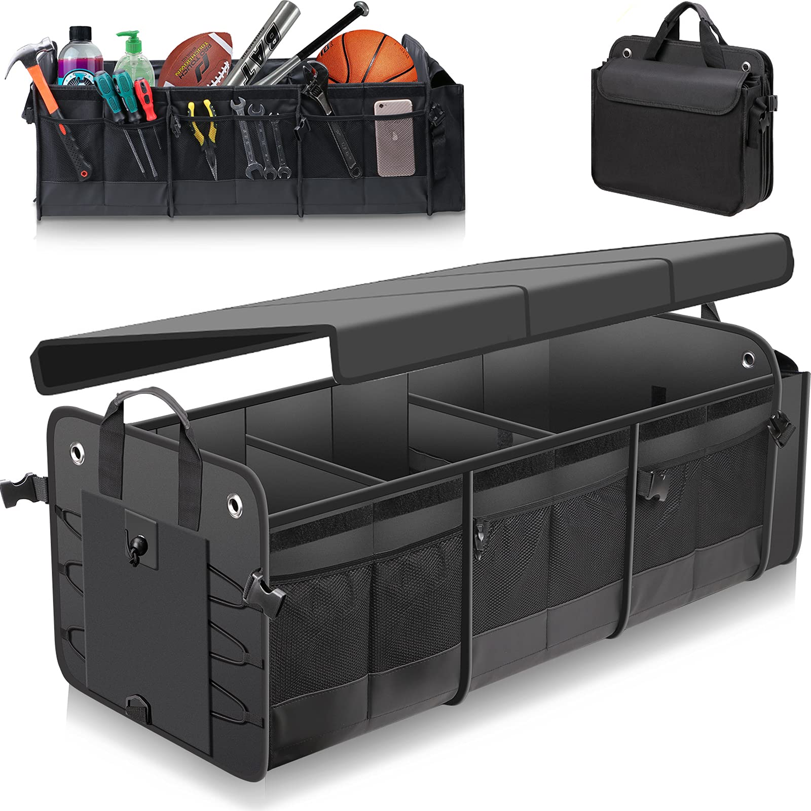 Large Trunk Organizer With Removable Cooler Bag-Collapsible Durable Multi Compartments W/ Foldable Cover, Non Slip Bottom Cargo