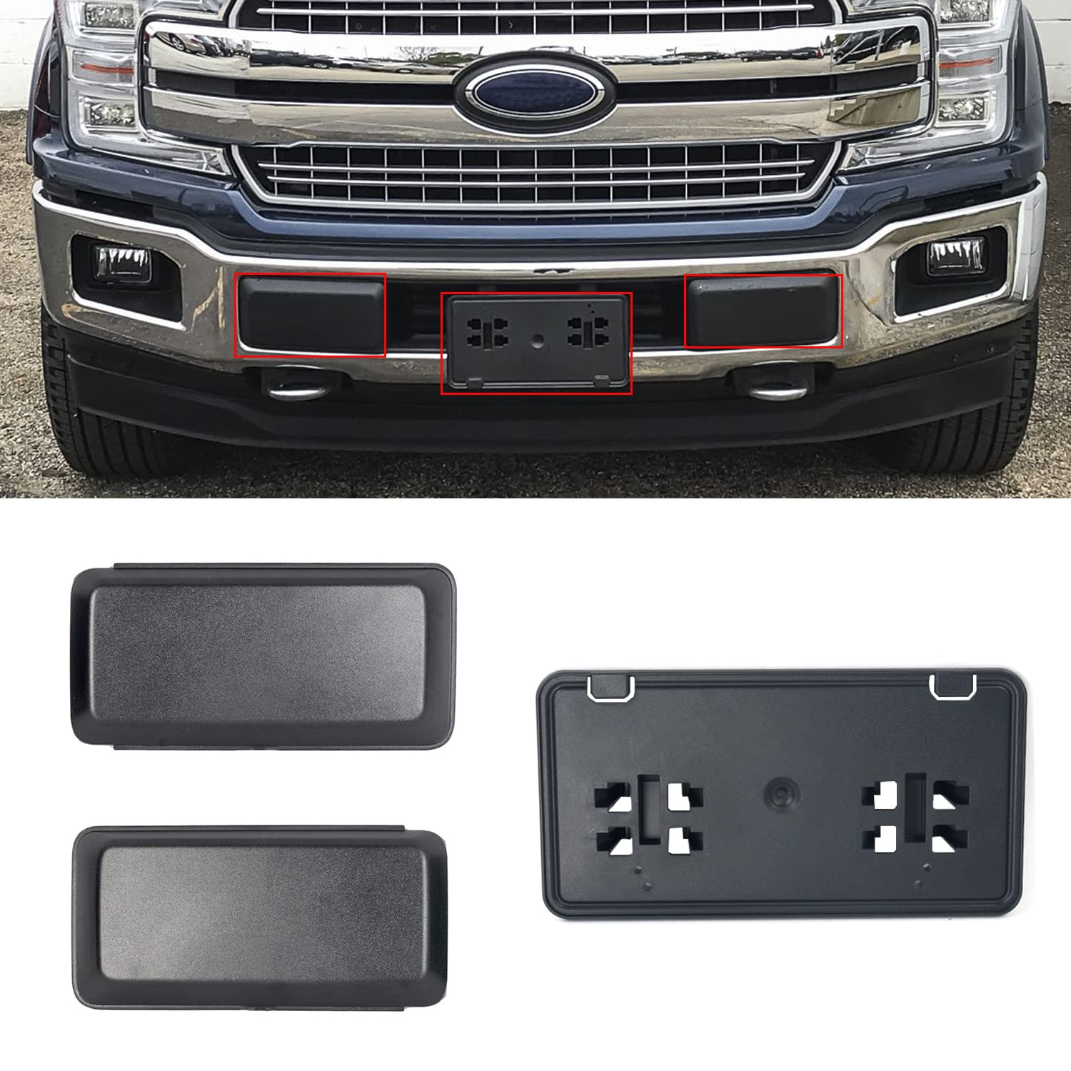 Karpal Bumper Guards Pads Insert Caps + License Plate Frame Bracket Compatible With 2018 2019 2020 Ford F150 F-150 Front Lh Left Driver + Rh Right Passenger Side